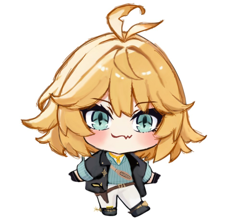 dokibird, dokibird (bounty hunter), indie virtual youtuber, 17thfable, 1girl, ahoge, aqua eyes, aqua shirt, belt, black boots, black gloves, black jacket, blonde hair, blush, boots, brown belt, chibi, closed mouth, fang, gloves, jacket, medium hair, pants, shirt, simple background, skin fang, solo, virtual youtuber, white background, white pants