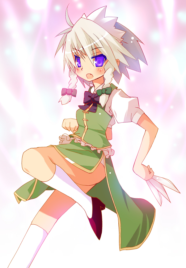 sakurazari hotori, hong meiling, izayoi sakuya, touhou, silver hair, 1girl, blush, braid, cosplay, female focus, gradient background, hong meiling (cosplay), knife, ribbon, short hair, skirt, solo, twin braids, white background