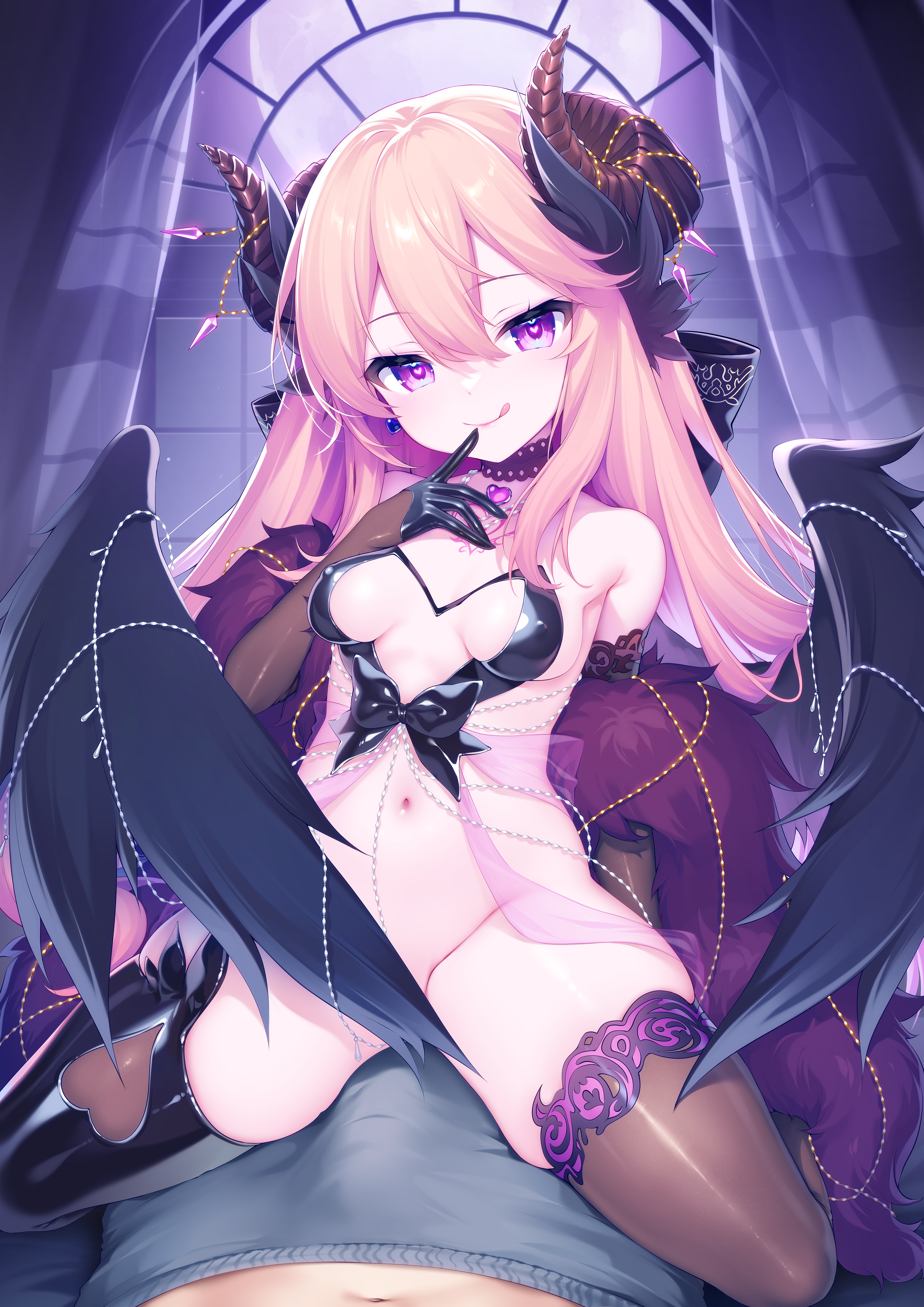 mei (ponponmei), sakurada hane, indie virtual youtuber, absurdres, highres, 1boy, 1girl, :q, bare shoulders, black gloves, black horns, black thighhighs, black wings, breasts, bulge, closed mouth, erection, erection under clothes, fur shawl, girl on top, gloves, hair between eyes, heart, heart-shaped pupils, hetero, horns, long hair, looking at viewer, navel, pink hair, purple eyes, shawl, small breasts, smile, solo focus, straddling, symbol-shaped pupils, thighhighs, tongue, tongue out, virtual youtuber, wings