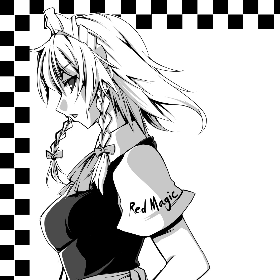 tajima yuuki, izayoi sakuya, touhou, 1girl, braid, breasts, female focus, greyscale, hairband, maid, monochrome, ribbon, short hair, solo, twin braids, upper body, white background