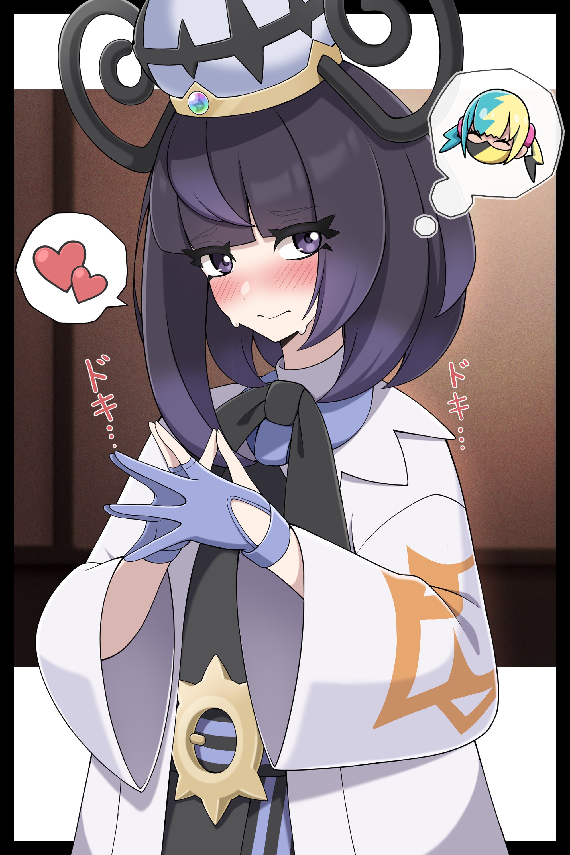 shabana may, canari (pokemon), gwynn (pokemon), pokemon, pokemon legends: z-a, absurdres, highres, 1girl, coat, gloves, hat, long sleeves, purple eyes, purple hair, short hair, white coat