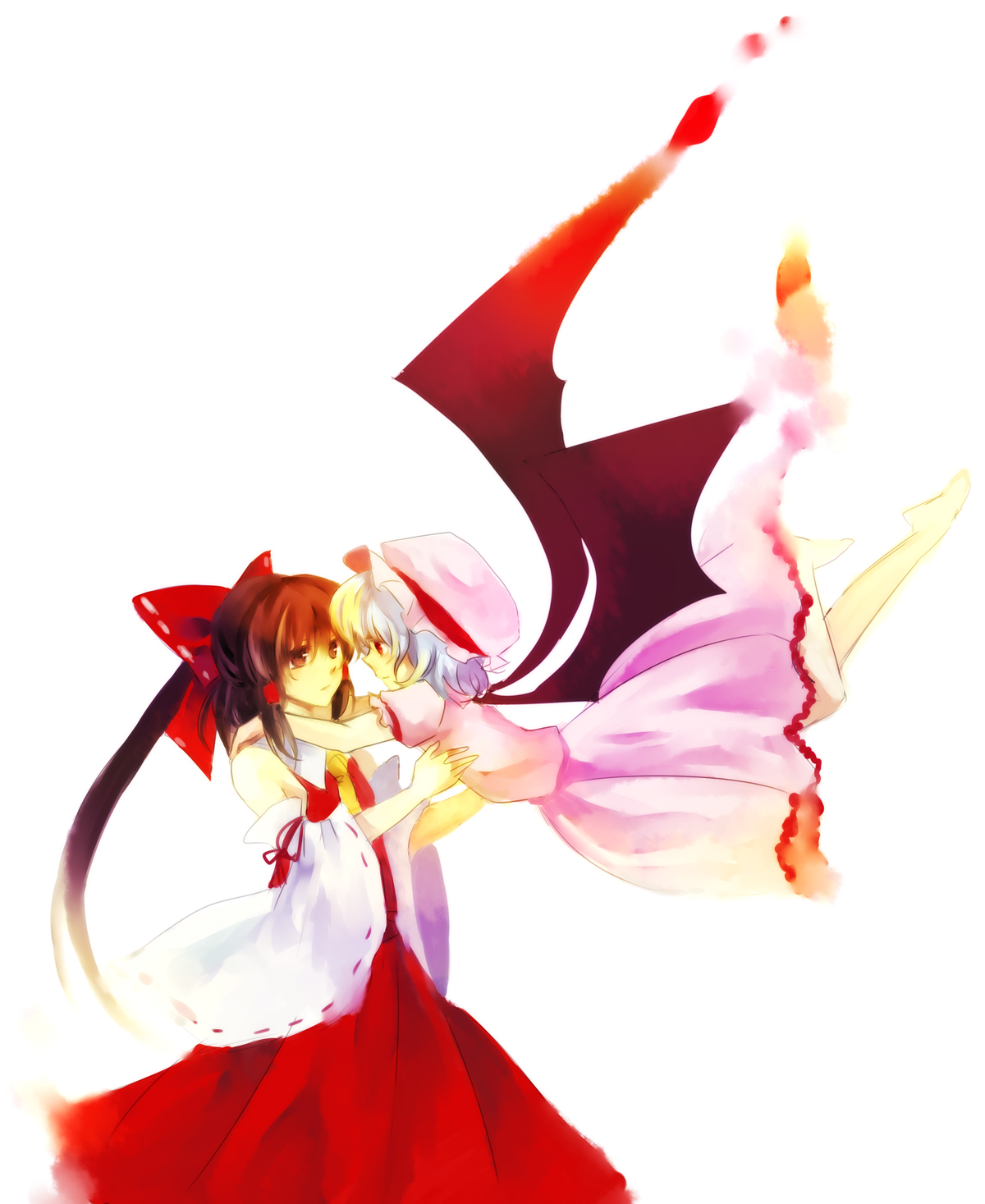 nr (cerumia), nr (cmnrr), nr (pixiv), hakurei reimu, remilia scarlet, touhou, bad id, bad pixiv id, highres, 2girls, barefoot, bat wings, blue hair, bow, brown eyes, brown hair, detached sleeves, dress, female focus, hair bow, hat, hug, multiple girls, red eyes, wings