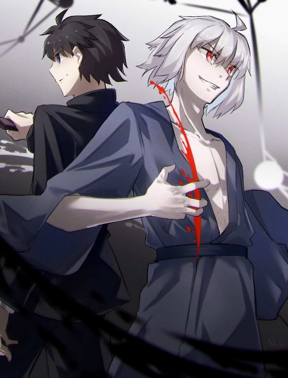 yubeshi (zecxl), nanaya shiki, tohno shiki, tohno shiki (2), tsukihime, tsukihime (remake), highres, 2boys, ahoge, blood, blue kimono, fighting stance, floating clothes, floating hair, grin, hemokinesis, holding, holding knife, holding weapon, japanese clothes, kimono, knife, male focus, medium hair, multiple boys, mystic eyes of death perception, nanatsu-yoru, pectorals, red eyes, reverse grip, school uniform, smile, souya high school uniform, step-siblings, weapon, white hair