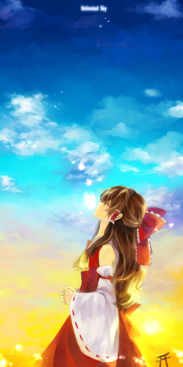 nr (cerumia), nr (cmnrr), nr (pixiv), hakurei reimu, touhou, bad id, bad pixiv id, highres, 1girl, ascot, brown hair, bug, butterfly, closed eyes, day, detached sleeves, female focus, japanese clothes, long hair, miko, own hands clasped, own hands together, profile, ribbon, sky, solo, torii
