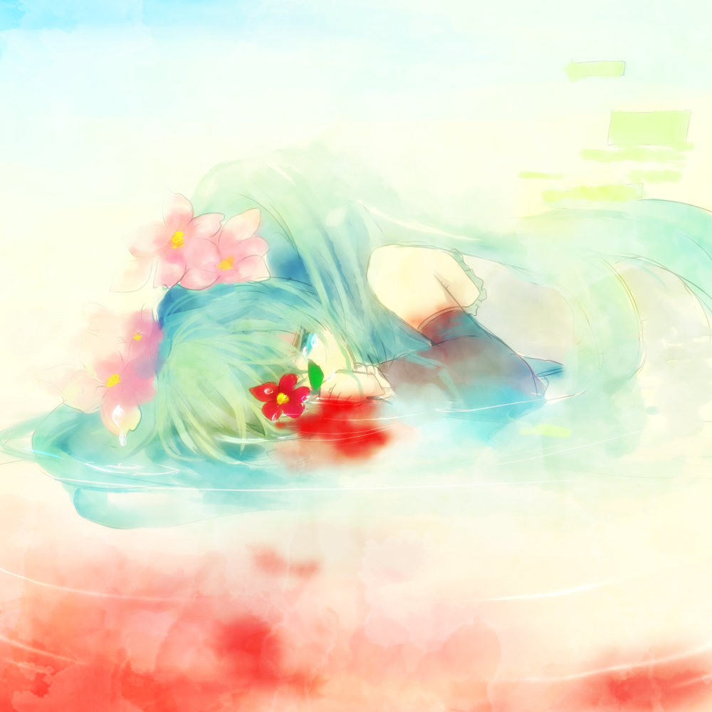 nr (cerumia), nr (cmnrr), nr (pixiv), hatsune miku, vocaloid, bad id, bad pixiv id, 1girl, aqua hair, female focus, flower, lying, solo, tears, twintails, water