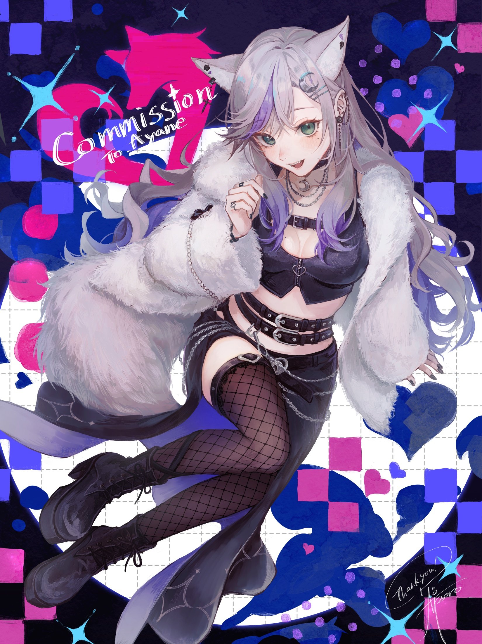 gensou aporo, indie virtual youtuber, commentary request, commission, highres, skeb commission, 1girl, :d, animal ear fluff, animal ears, ayatsuki ayane, black boots, black shorts, boots, breasts, brown thighhighs, cat ears, cat girl, coat, crop top, fishnet thighhighs, fishnets, full body, green eyes, grey hair, hand up, lace-up boots, large breasts, long hair, long sleeves, looking at viewer, mole, mole on breast, mole under eye, multicolored hair, open clothes, open coat, open mouth, purple hair, shorts, smile, solo, thighhighs, two-tone hair, virtual youtuber, white coat