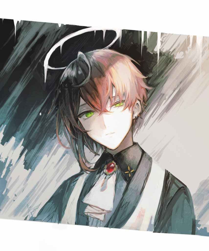 gensou aporo, original, commentary request, 1boy, ascot, brown hair, collared shirt, crossed bangs, green eyes, green shirt, hair between eyes, halo, looking at viewer, male focus, medium hair, parted lips, portrait, shirt, solo, white ascot, white halo