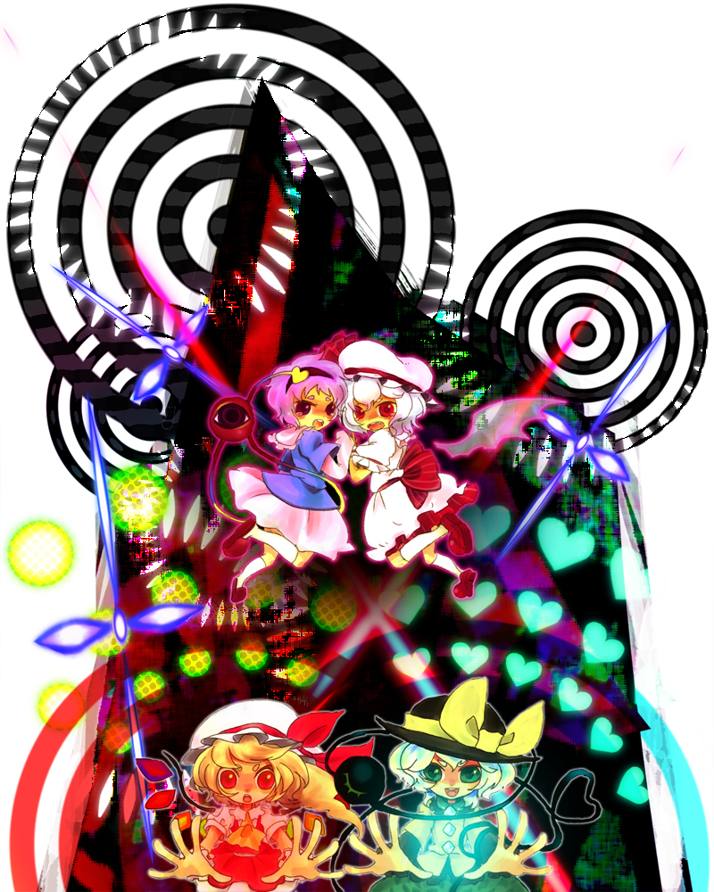 1008 (noble), chiba (noble), flandre scarlet, komeiji koishi, komeiji satori, remilia scarlet, touhou, bad id, bad pixiv id, 4girls, danmaku, female focus, heart, holding hands, multiple girls