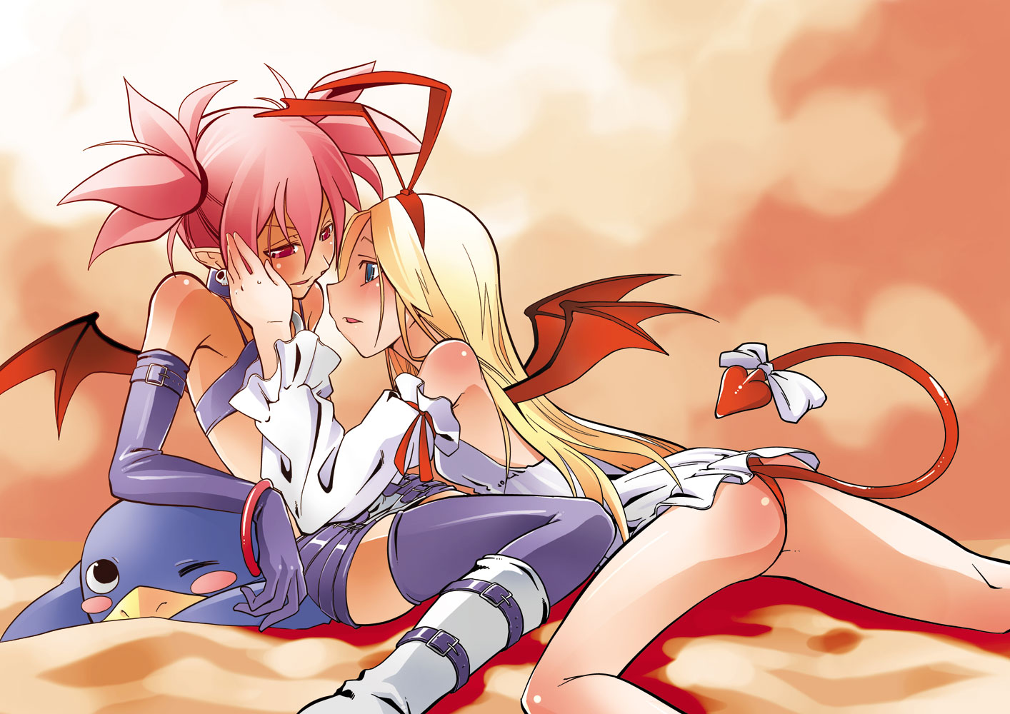 kaeru kenshi, etna (disgaea), flonne, flonne (fallen angel), prinny, disgaea, bad id, bad pixiv id, 2girls, angel, armpits, ass, bare shoulders, bat wings, bird, blonde hair, blue eyes, bow, bracelet, demon tail, detached sleeves, earrings, elbow gloves, fallen angel, gloves, hair ornament, headband, jewelry, long hair, multiple girls, open mouth, penguin, red eyes, red hair, ribbon, short hair, sitting, tail, tail bow, tail ornament, tail ribbon, thighhighs, very long hair, wings, yuri