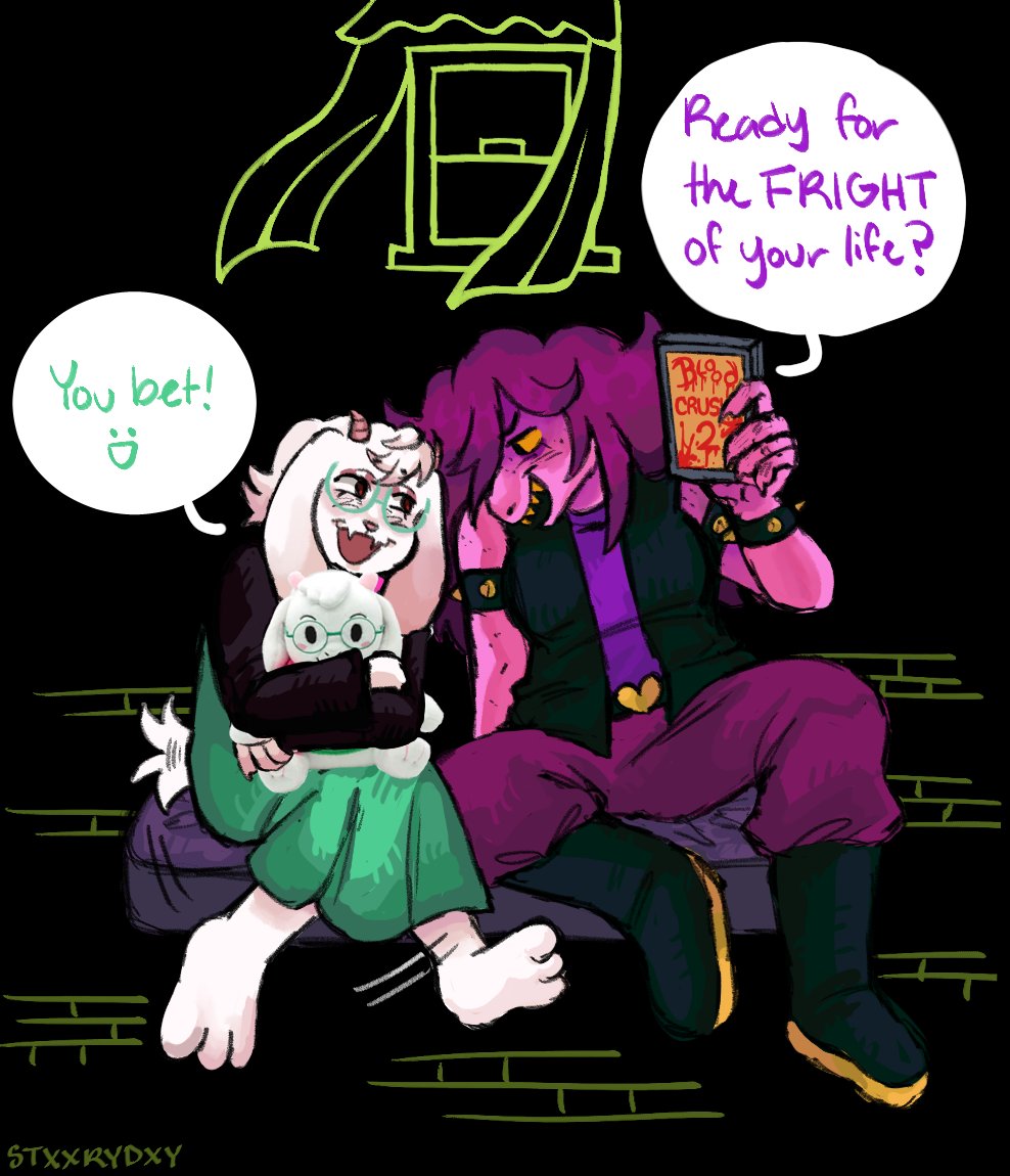ralsei, susie (dark world) (deltarune), susie (deltarune), deltarune, utdr (toby fox), boots, colored skin, cover, dvd cover, goat horns, horns, mattress, purple hair, purple skin, reptile girl, stxxrydxy