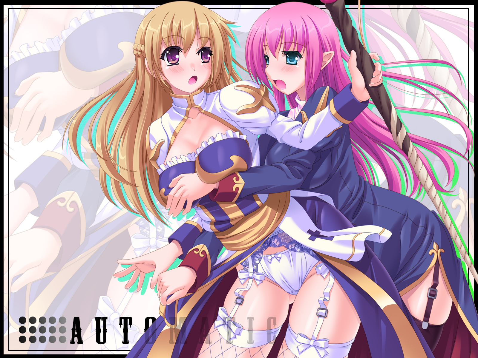 toujou akira, arch bishop (ragnarok online), archbishop (ro), high priest (ragnarok online), ragnarok online, bad id, bad pixiv id, highres, 2girls, blush, breast press, breasts, brown hair, garter belt, grabbing another's breast, groping, half updo, large breasts, long hair, multiple girls, open mouth, panties, pink hair, pointy ears, priest, staff, standing, thighhighs, underwear, white panties, yuri, zoom layer