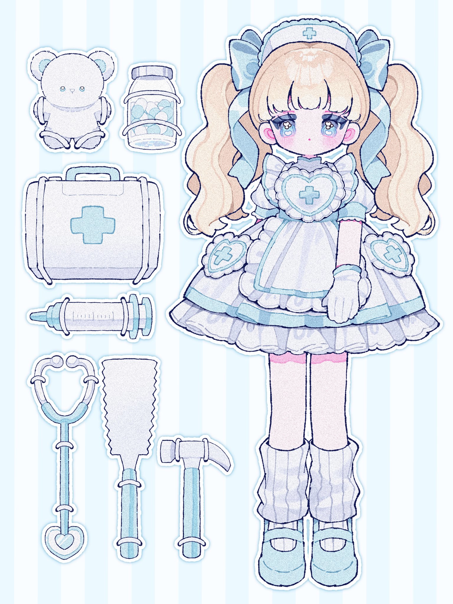 original, commentary, english commentary, highres, 1girl, apron, blonde hair, blue background, blue bow, blue dress, blue eyes, blue shoes, blush, bow, closed mouth, dress, frilled apron, frilled dress, frills, full body, gloves, hair bow, hammer, hat, jar, long hair, looking at viewer, nurse cap, outline, pill, ribbed socks, shoes, short sleeves, socks, solo, standing, stethoscope, striped background, stuffed animal, stuffed toy, syringe, teddy bear, twintails, upache, white apron, white gloves, white hat, white outline, white socks