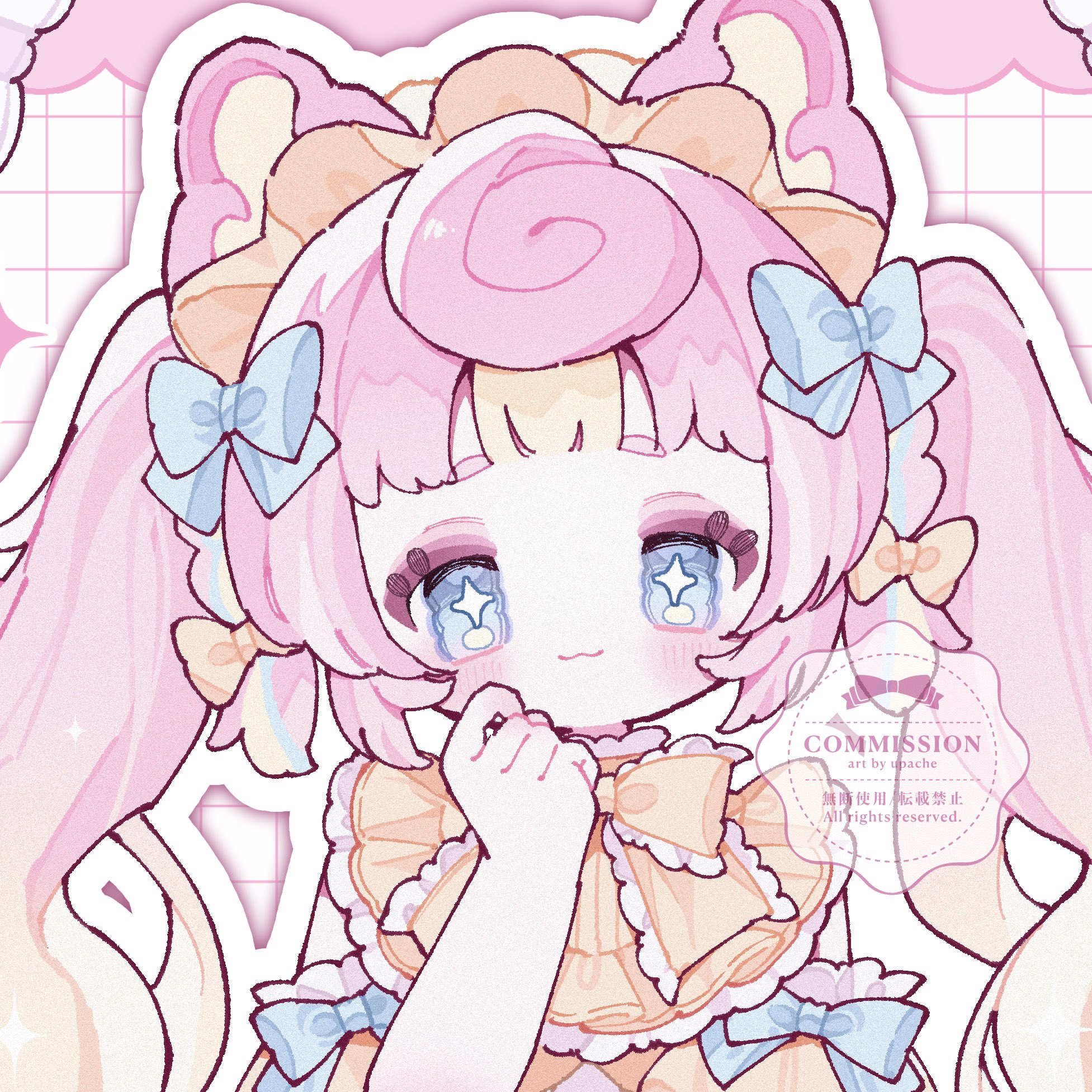 original, commentary, commission, highres, + +, 1girl, :3, artist name, blue bow, blue eyes, blunt bangs, blush, bow, bowtie, closed mouth, hair bow, hairband, hand up, long hair, looking at viewer, multicolored hair, orange bow, orange bowtie, orange hairband, orange shirt, outline, pink hair, portrait, shirt, smile, solo, thick eyebrows, twintails, two-tone hair, upache, watermark, white background, white outline