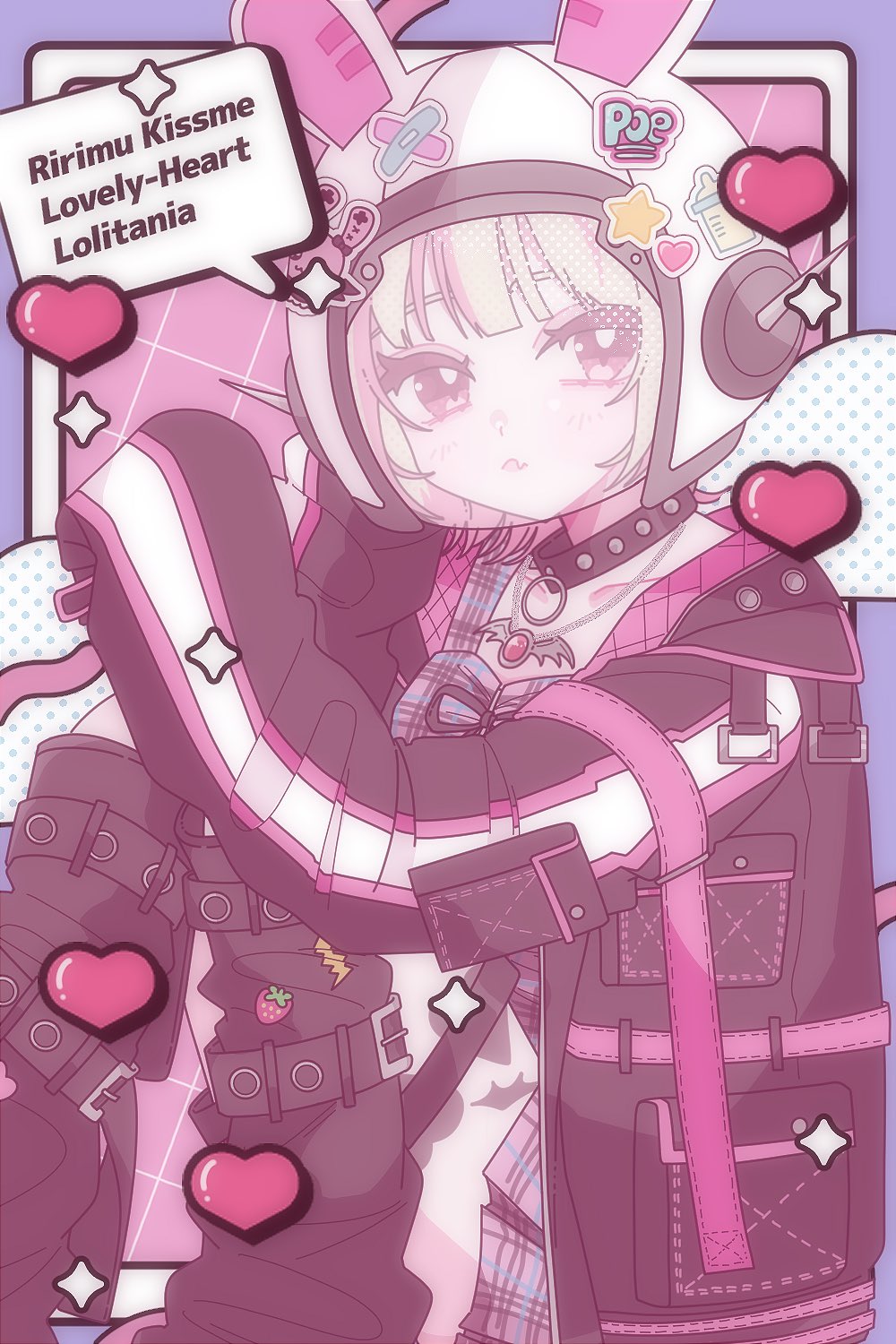 makaino ririmu, makaino ririmu (6th costume), nijisanji, highres, variant set, 1girl, animal ears, animal helmet, arm belt, belt, black collar, black jacket, black leg warmers, black straps, blunt bangs, blush, chain, chain necklace, character name, collar, collarbone, colored inner hair, crop top, cross-laced clothes, cross-laced top, fake animal ears, fang, feet out of frame, food print, fruit print, grey hair, heart, heart sticker, helmet, jacket, jewelry, kinakuma24, knees up, leg belt, leg tattoo, leg warmers, lightning bolt print, looking at viewer, loose belt, miniskirt, multicolored hair, necklace, open clothes, open jacket, pendant, pink background, pink belt, pink hair, pink jacket, pink skirt, pink streaks, pink theme, plaid clothes, plaid skirt, pleated skirt, pointy ears, rabbit ears, red eyes, short hair, sitting, skin fang, skirt, sleeves past fingers, sleeves past wrists, solo, space helmet, speech bubble, spiked collar, spikes, star (symbol), star sticker, sticker, strawberry print, streaked hair, tattoo, thigh strap, two-sided fabric, two-sided jacket, two-tone hair, virtual youtuber, white helmet, winged heart, winged heart tattoo, wolf cut