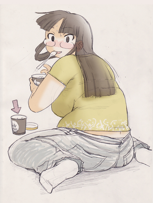 nekokami, kobayakawa horan, original, 1girl, breasts, eating, fat, fat woman, feet, female focus, food, glasses, ice cream, large breasts, no shoes, plump, solo