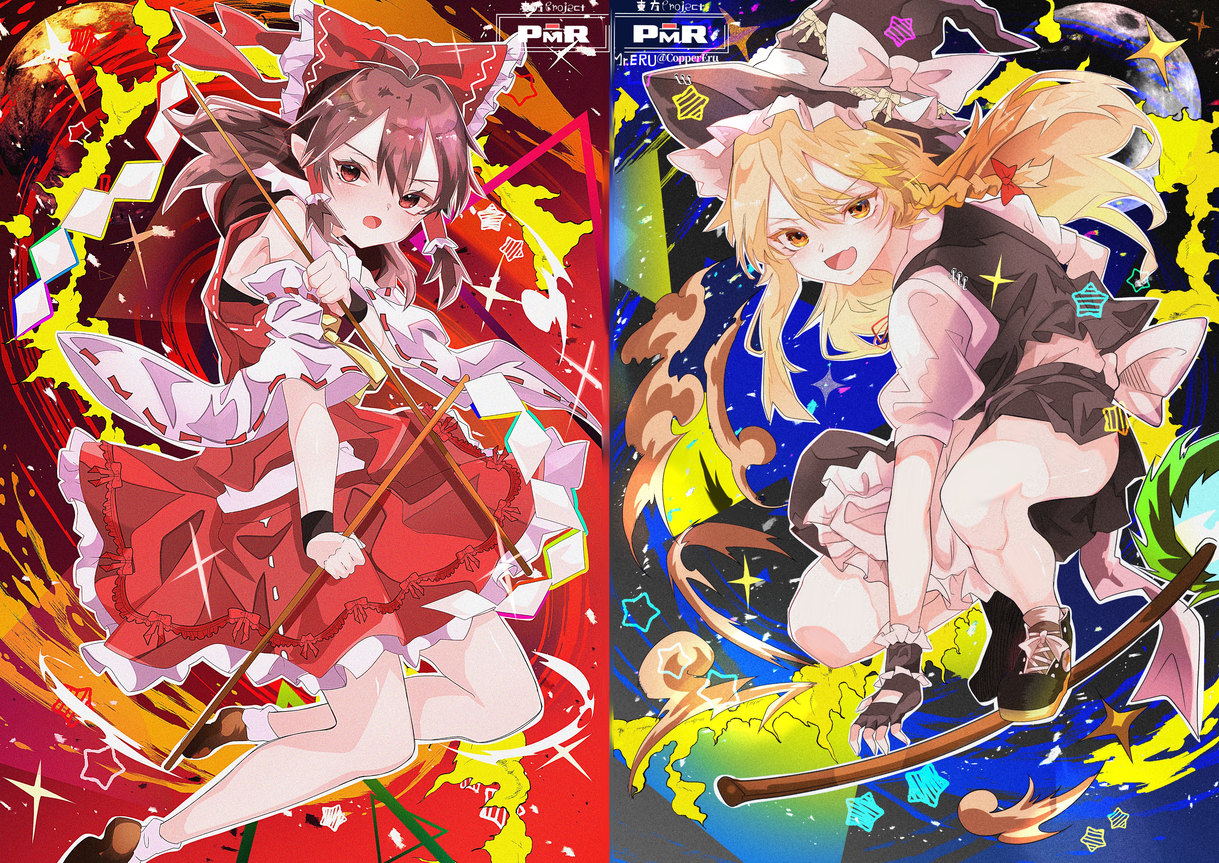 mister eru, hakurei reimu, kirisame marisa, touhou, absurdres, highres, 2girls, apron, ascot, black gloves, blonde hair, bow, braid, broom, broom riding, detached sleeves, dress, frilled bow, frilled hair tubes, frills, gloves, gohei, hair bow, hair tubes, hat, hat bow, holding, holding gohei, holding weapon, large bow, moon, multiple girls, nontraditional miko, open mouth, red bow, red eyes, red skirt, ribbon, ribbon-trimmed sleeves, ribbon trim, riding, short hair, short sleeves, side braid, single braid, skirt, skirt set, smile, star (symbol), two-tone background, waist apron, weapon, white bow, witch hat, yellow ascot, yellow eyes