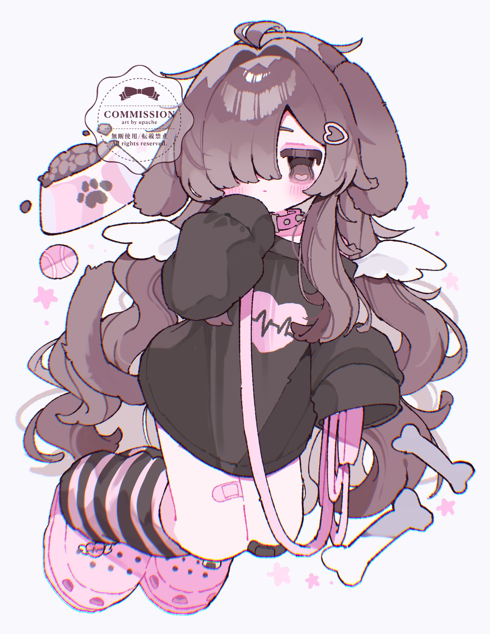 original, commentary, commission, highres, 1girl, animal ears, artist name, bandaid, bandaid on leg, black shirt, blush, brown eyes, brown hair, closed mouth, collar, dog ears, dog girl, dog tail, floppy ears, full body, hair over one eye, leash, long hair, long sleeves, no pants, pink collar, pink shoes, pink socks, shirt, shoes, simple background, sleeves past fingers, sleeves past wrists, socks, solo, spiked collar, spikes, striped clothes, striped socks, tail, upache, watermark, white background