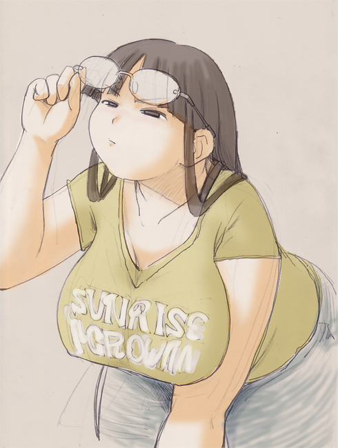 nekokami, original, 1girl, breasts, fat, fat woman, female focus, glasses, large breasts, simple background, solo