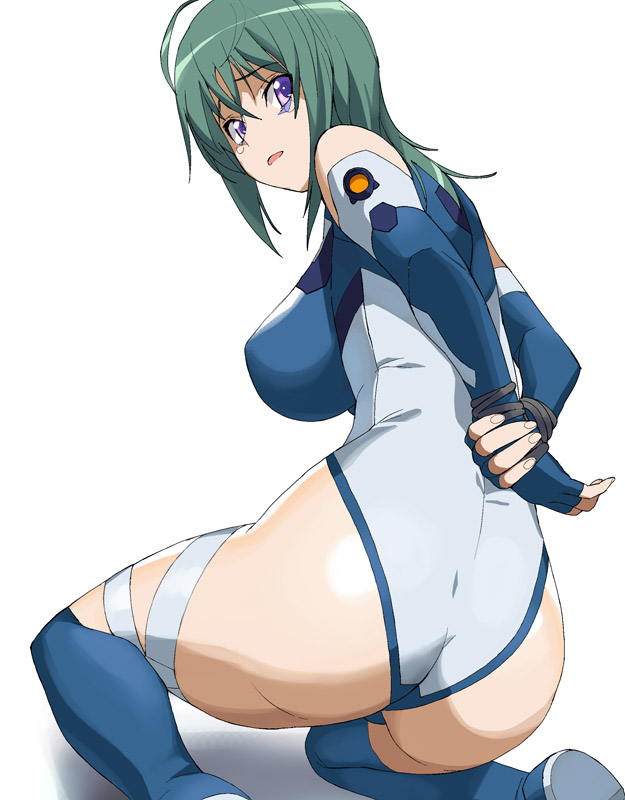 a1 (initial-g), kannagi itsuki, sora wo kakeru shoujo, pilot suit, 00s, 1girl, :o, ahoge, arms behind back, ass, bare shoulders, bdsm, blue gloves, blue thighhighs, bodysuit, bondage, boots, bound, bound wrists, breasts, crossed arms, elbow gloves, facial mark, female focus, fingerless gloves, full body, gloves, green hair, hair between eyes, halterneck, highleg, highleg leotard, hip focus, holding own arm, impossible clothes, impossible leotard, kneeling, large breasts, leotard, long hair, looking at viewer, looking back, open mouth, purple eyes, raised eyebrows, rope, shadow, simple background, solo, tears, thigh boots, thigh strap, thighhighs, white background