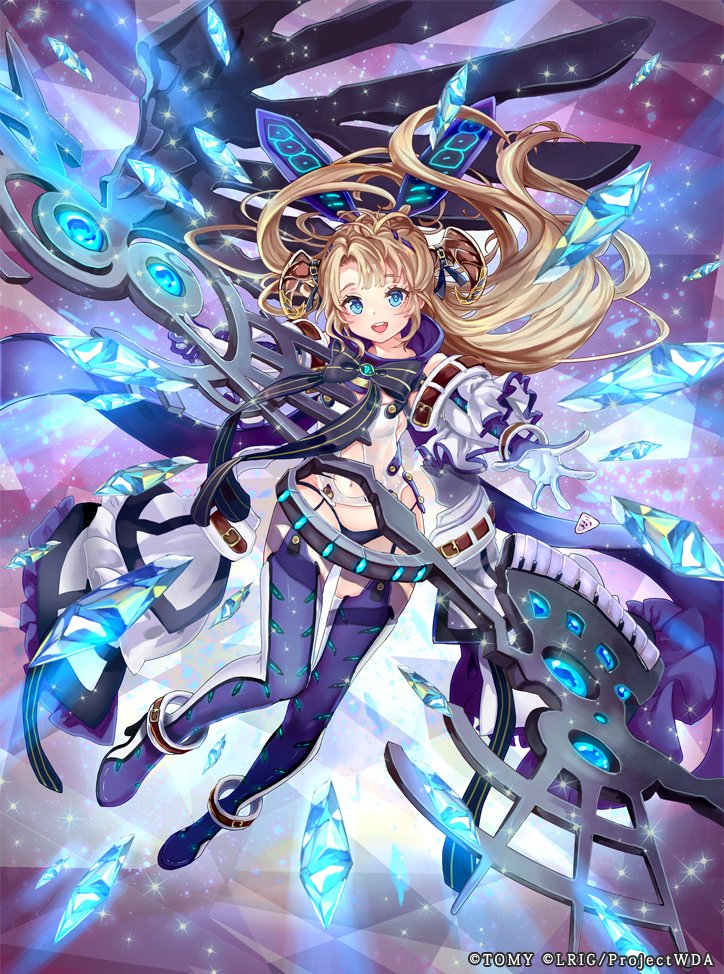 pisuke, umr (wixoss), wixoss, official art, 1girl, aqua gemstone, blonde hair, blue eyes, boots, breasts, brown horns, clothing cutout, copyright notice, floating hair, gem, gloves, hair ornament, high heel boots, high heels, holding, holding weapon, horns, leotard, long hair, navel, navel cutout, open mouth, small breasts, solo, sparkle, teeth, thigh boots, upper teeth only, weapon, white gloves, white leotard