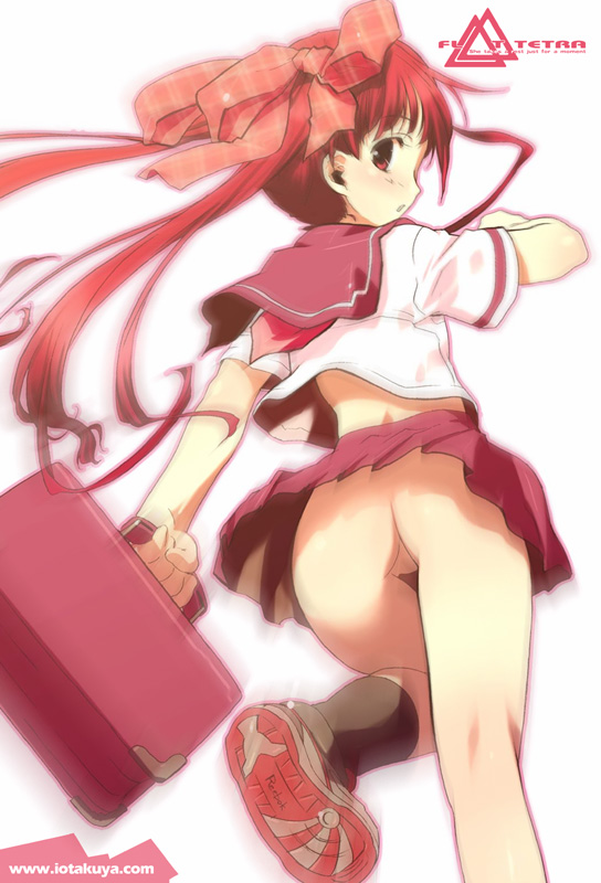 io takuya, 1girl, ass, black socks, bow, briefcase, feet, female focus, hair bow, hair ribbon, long hair, looking back, miniskirt, motion blur, no panties, no pussy, open mouth, pleated skirt, pussy, red eyes, red hair, ribbon, school uniform, serafuku, shoe soles, shoes, skirt, sneakers, socks, soles, solo, uncensored, upskirt, very long hair