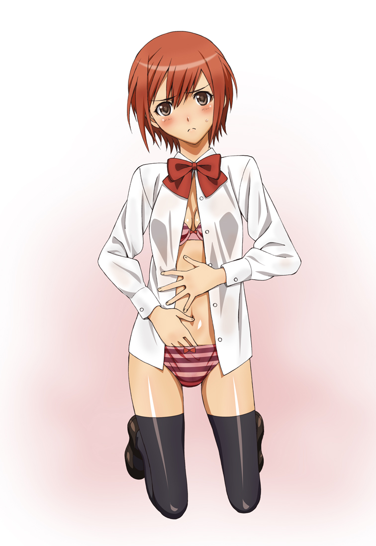 kekke, seena kanon, sega, shining (series), shining wind, 1girl, blush, bra, brown eyes, female focus, kneeling, lingerie, navel, open clothes, open shirt, panties, red hair, shirt, shoes, short hair, solo, striped clothes, striped panties, thighhighs, thighs, underwear