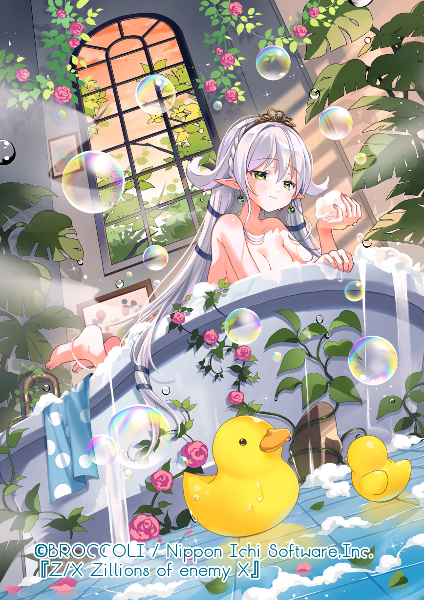 07touka25, z/x, highres, 1girl, bathing, bathroom, bathtub, breasts, earrings, green eyes, grey hair, jewelry, long hair, medium breasts, nude, partially submerged, pointy ears, rubber duck, soap bubbles, solo, tiara, water, window