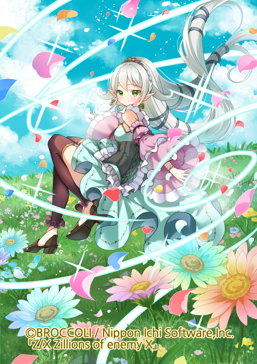 07touka25, z/x, highres, day, detached sleeves, dress, earrings, flower, frilled sleeves, frills, garter straps, green eyes, grey hair, jewelry, long hair, looking at viewer, outdoors, petals, pointy ears, smile, very long hair