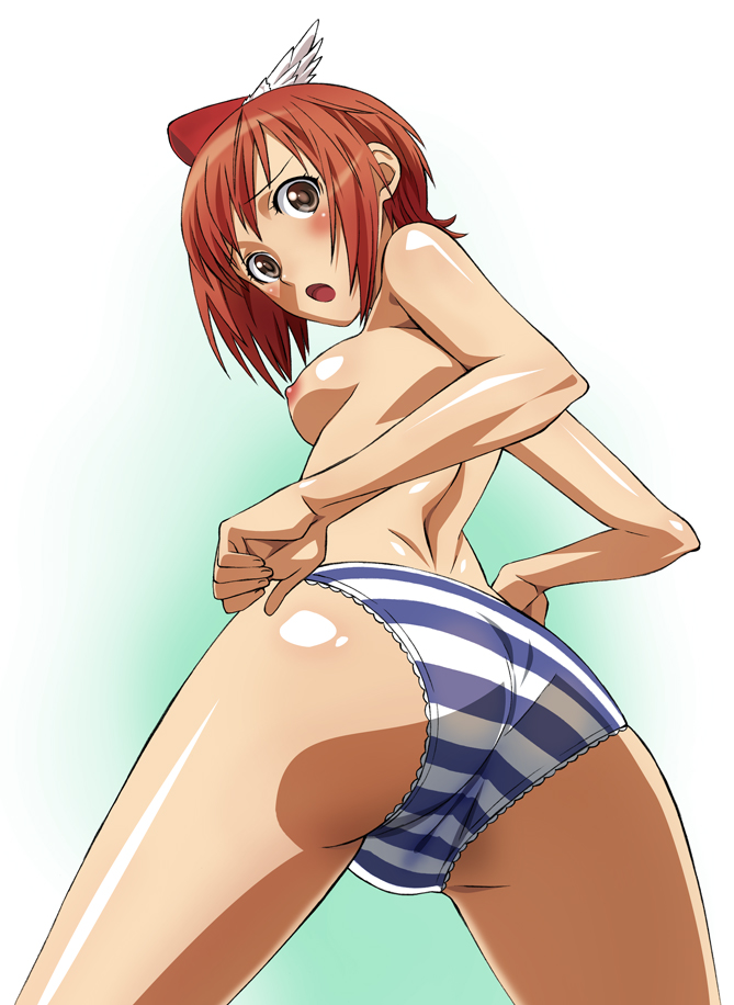 kekke, seena kanon, sega, shining (series), shining wind, 1girl, ass, blush, breasts, brown eyes, female focus, from below, hat, panties, red hair, short hair, sidelocks, solo, striped clothes, striped panties, thighs, topless female, trefoil, underwear, underwear only