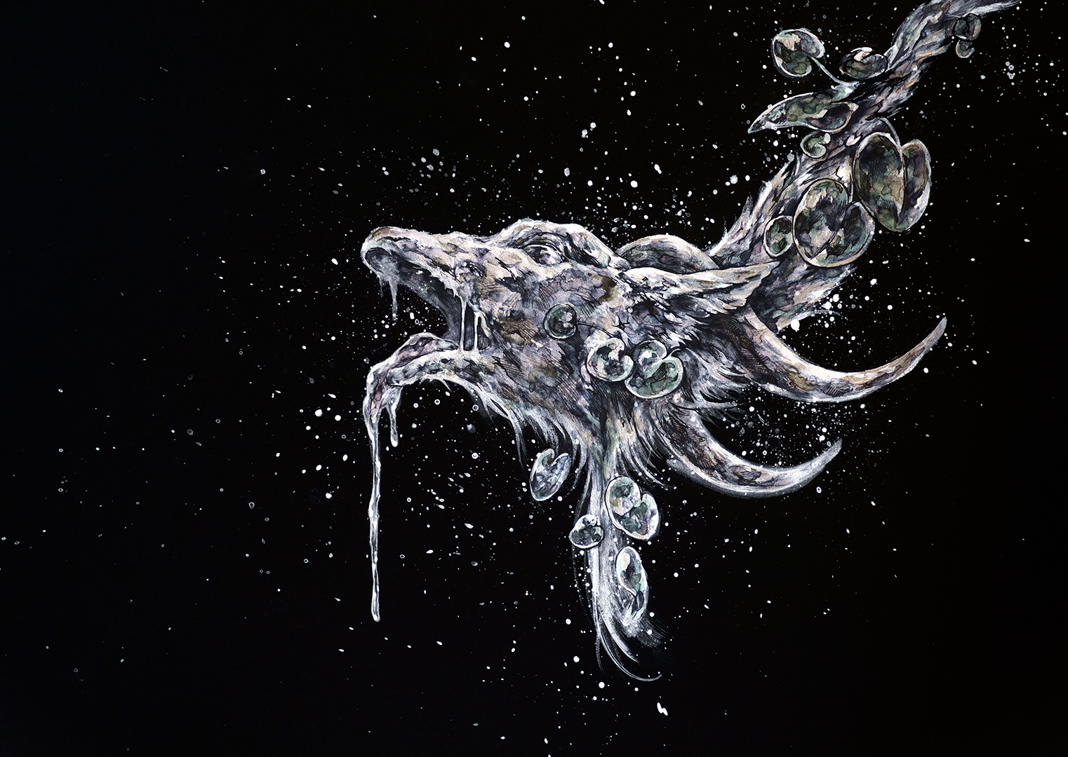 ikeda ruriko, original, painting (medium), traditional media, animal focus, black background, closed eyes, from side, goat, head only, no humans, open mouth, plant, vines