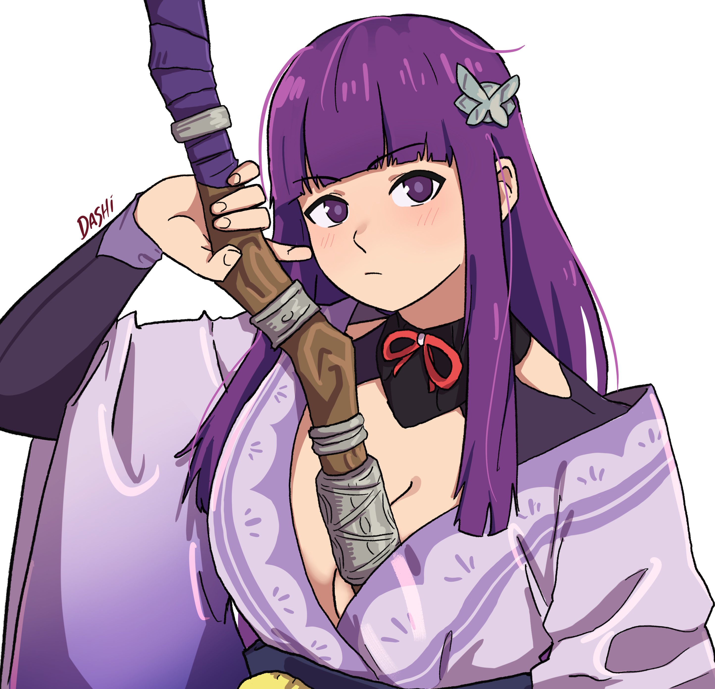 dashi (dashiart), fern (sousou no frieren), raiden shogun, genshin impact, sousou no frieren, absurdres, highres, 1girl, artist name, blunt bangs, breasts, cleavage, closed mouth, cosplay, hair ornament, holding, holding staff, japanese clothes, kimono, large breasts, long hair, looking at viewer, mage staff, purple eyes, purple hair, purple kimono, purple shrug, raiden shogun (cosplay), shrug (clothing), simple background, solo, staff, upper body, white background