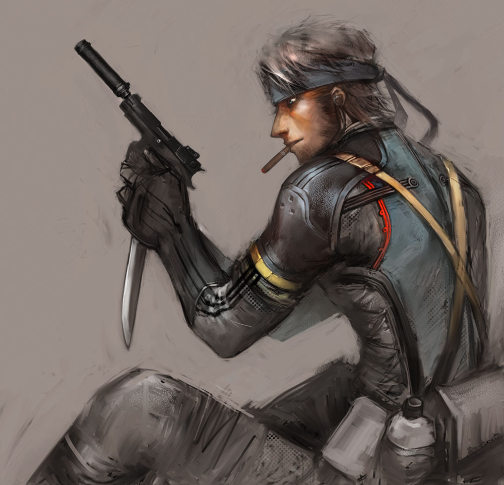 chang, chang (pixiv), big boss, naked snake, metal gear (series), metal gear solid, metal gear solid: portable ops, metal gear solid 3: snake eater, 1boy, asymmetrical dual wielding, bodysuit, canteen, cigar, close-quarters combat, dual wielding, fanny pack, gun, handgun, holding, knife, male focus, mk22, pistol, reverse grip, semi-automatic pistol, sneaking suit, solo, suppressor, weapon