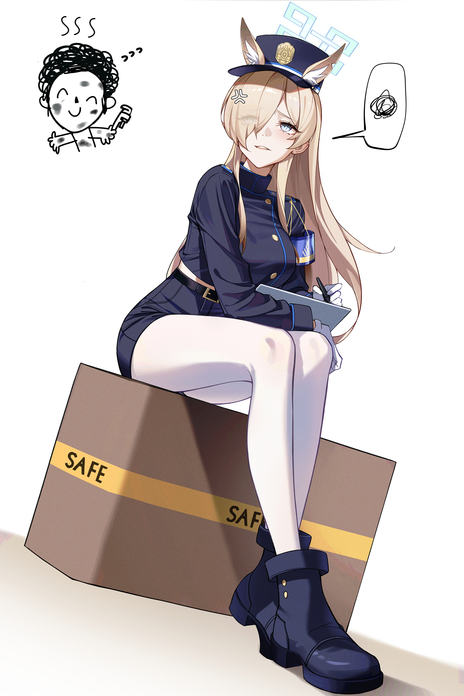 dong (art woodong), doodle sensei (blue archive), kanna (blue archive), nozomi (blue archive), sensei (blue archive), blue archive, absurdres, highres, 1boy, 1girl, anger vein, animal ear fluff, animal ears, black hat, black jacket, black shoes, black shorts, blonde hair, blue eyes, blue halo, blush, box, breasts, cosplay, dog ears, dog girl, eyes visible through hair, fang, gloves, hair over one eye, halo, hat, holding, holding pen, holding tablet pc, jacket, long hair, medium breasts, nozomi (blue archive) (cosplay), on box, pantyhose, parted lips, pen, shoes, shorts, sidelocks, sitting, sitting on box, smile, spoken squiggle, squiggle, tablet pc, white gloves, white pantyhose