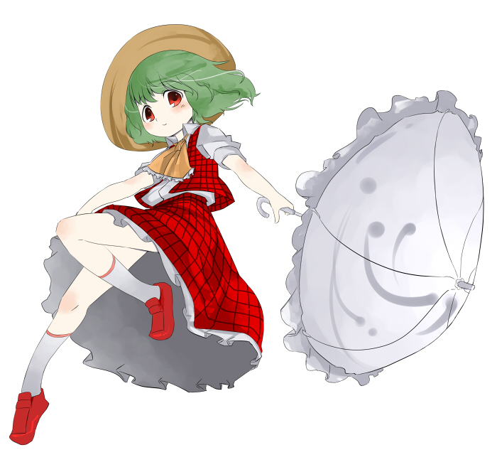 hyara, kazami yuuka, touhou, 1girl, ascot, female focus, green hair, hat, plaid clothes, plaid skirt, plaid vest, red eyes, short hair, simple background, skirt, skirt set, smile, solo, sun hat, umbrella, vest, white background