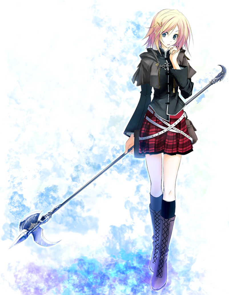 matsuyama nozomu, nakanisi iori, original, bad id, 1girl, bag, belt, black socks, blonde hair, blue eyes, boots, female focus, full body, green eyes, hair between eyes, hair ornament, hairpin, halberd, kneehighs, miniskirt, plaid clothes, plaid skirt, pleated skirt, polearm, short hair, skirt, socks, solo, standing, thighhighs, weapon