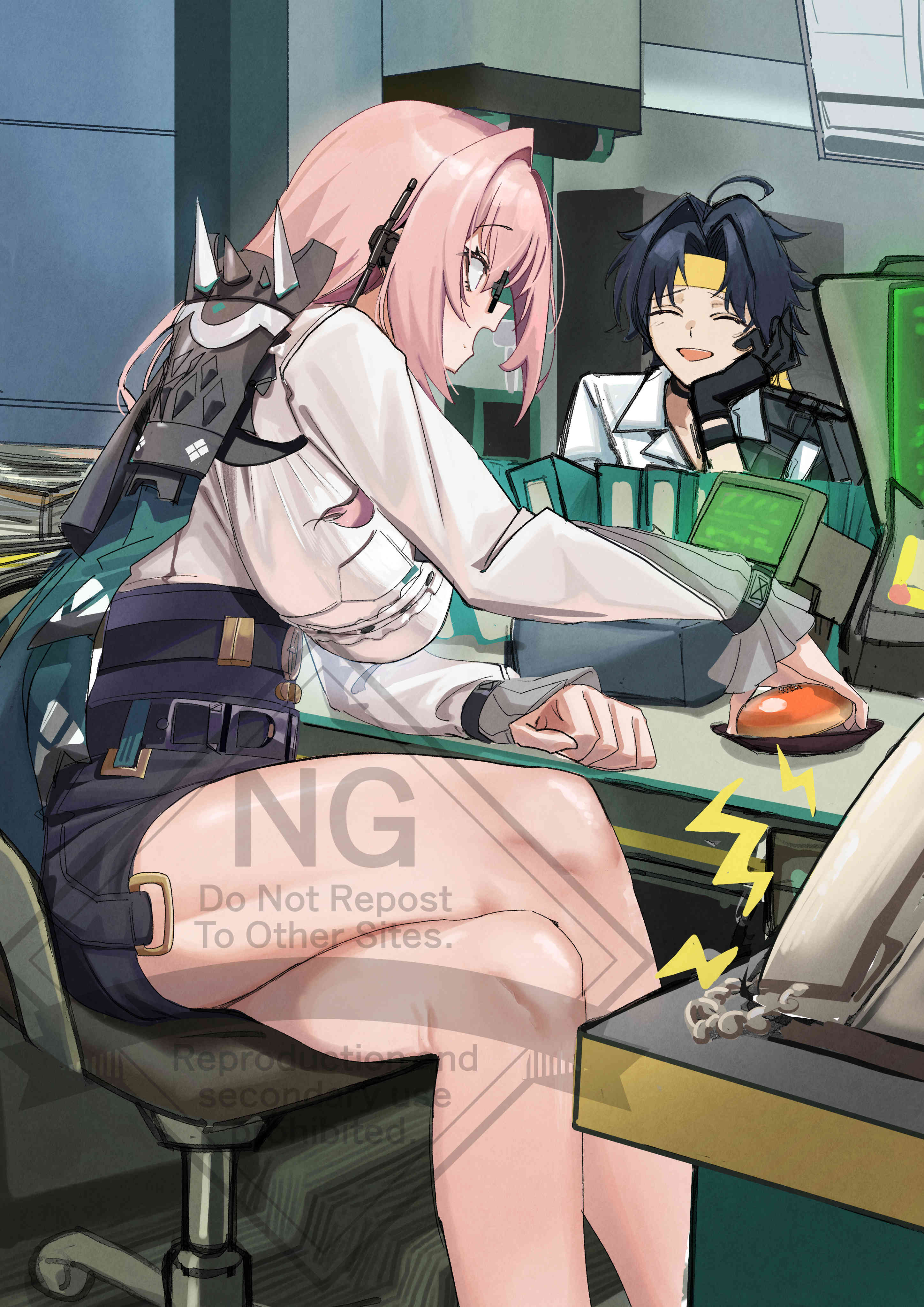 dondobi, asaba harumasa, tsukishiro yanagi, zenless zone zero, absurdres, highres, 1boy, 1girl, armor, bare legs, black gloves, black hair, black skirt, book, breasts, chair, choker, closed eyes, corded phone, crossed legs, desk, dress shirt, food, food on face, from side, glasses, gloves, hair between eyes, hand on own face, headband, headset, high-waist skirt, indoors, large breasts, lightning bolt symbol, long hair, looking at another, monitor, on chair, open mouth, parted bangs, pencil skirt, phone, pile of books, pink eyes, pink hair, shirt, short hair, shoulder armor, sitting, skirt, steamed bun, watermark, white shirt, yellow headband