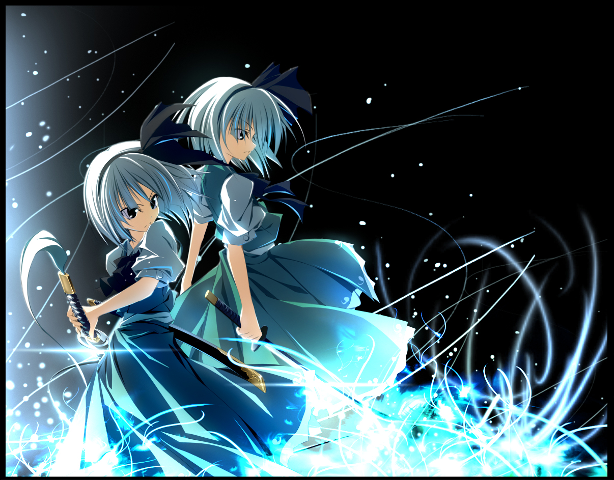 nakanisi iori, konpaku youmu, konpaku youmu (ghost), touhou, silver hair, bad id, bad pixiv id, 2girls, dual persona, female focus, fighting stance, multiple girls, ready to draw, ribbon, sword, weapon