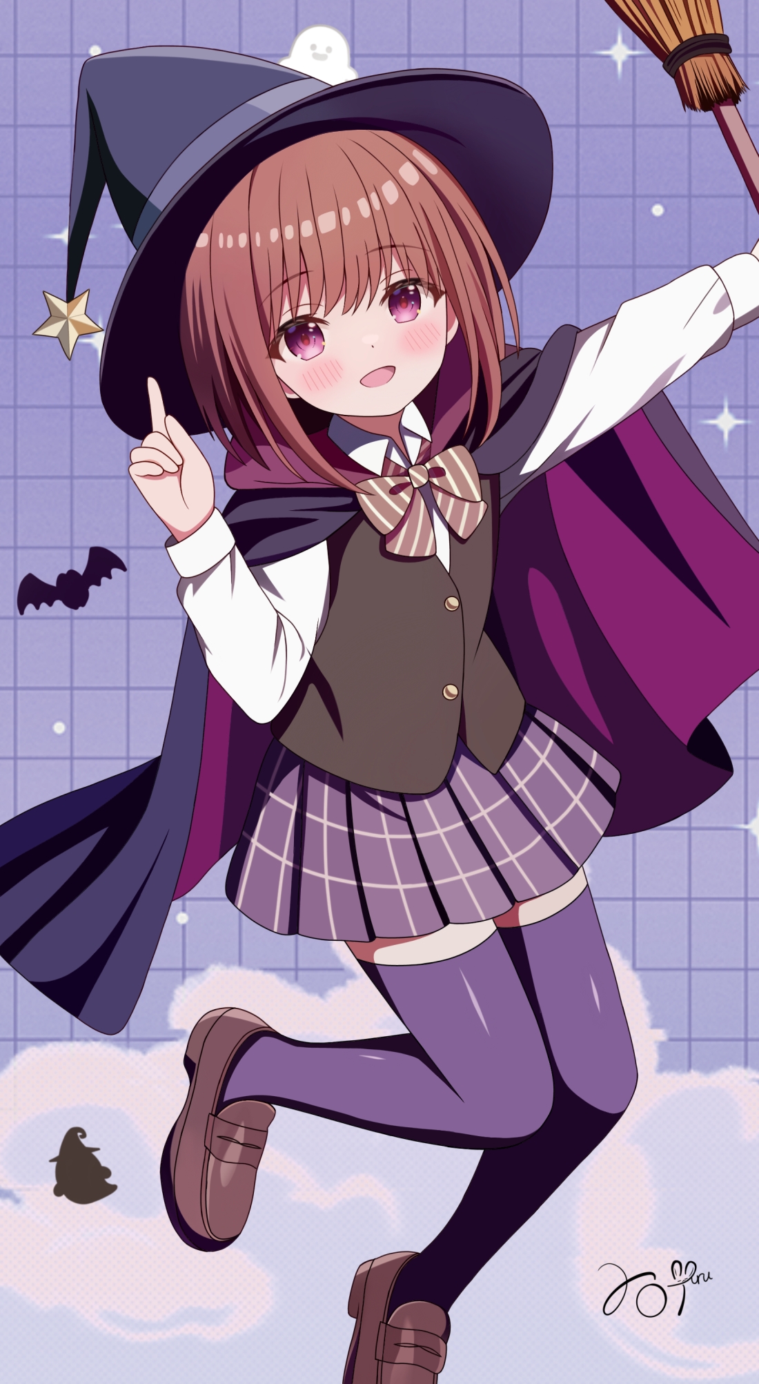 uru aoi23, original, commentary request, highres, 1girl, :d, black hat, blush, bow, bowtie, broom, brown bow, brown bowtie, brown hair, brown shoes, brown vest, buttons, cape, collared shirt, dot nose, full body, grid background, halloween, hand up, hat, holding, holding broom, loafers, long sleeves, looking at viewer, open mouth, pleated skirt, purple background, purple cape, purple skirt, purple thighhighs, red eyes, school uniform, shirt, shoes, short hair, signature, skirt, smile, solo, sparkle, striped bow, striped bowtie, striped clothes, thighhighs, vest, white shirt, witch hat, zettai ryouiki
