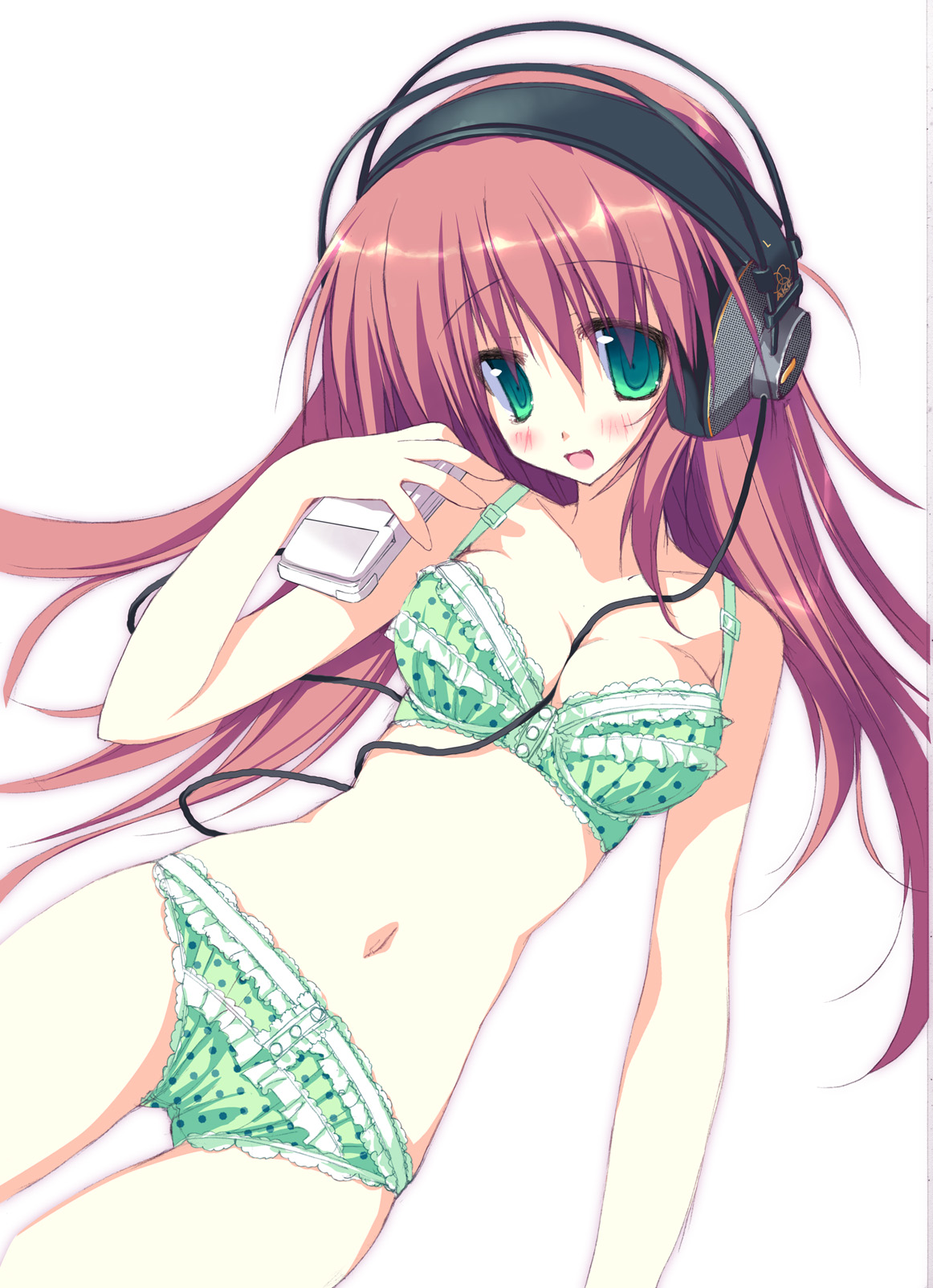 tsurusaki takahiro, akg, bad id, bad pixiv id, highres, 1girl, akg k-series headphones, between breasts, blush, bra, breasts, cleavage, female focus, frilled bra, frilled panties, frills, green bra, green eyes, green panties, handheld game console, headphones, lingerie, navel, nintendo ds, open mouth, panties, polka dot, polka dot bra, polka dot panties, small breasts, solo, underwear, underwear only