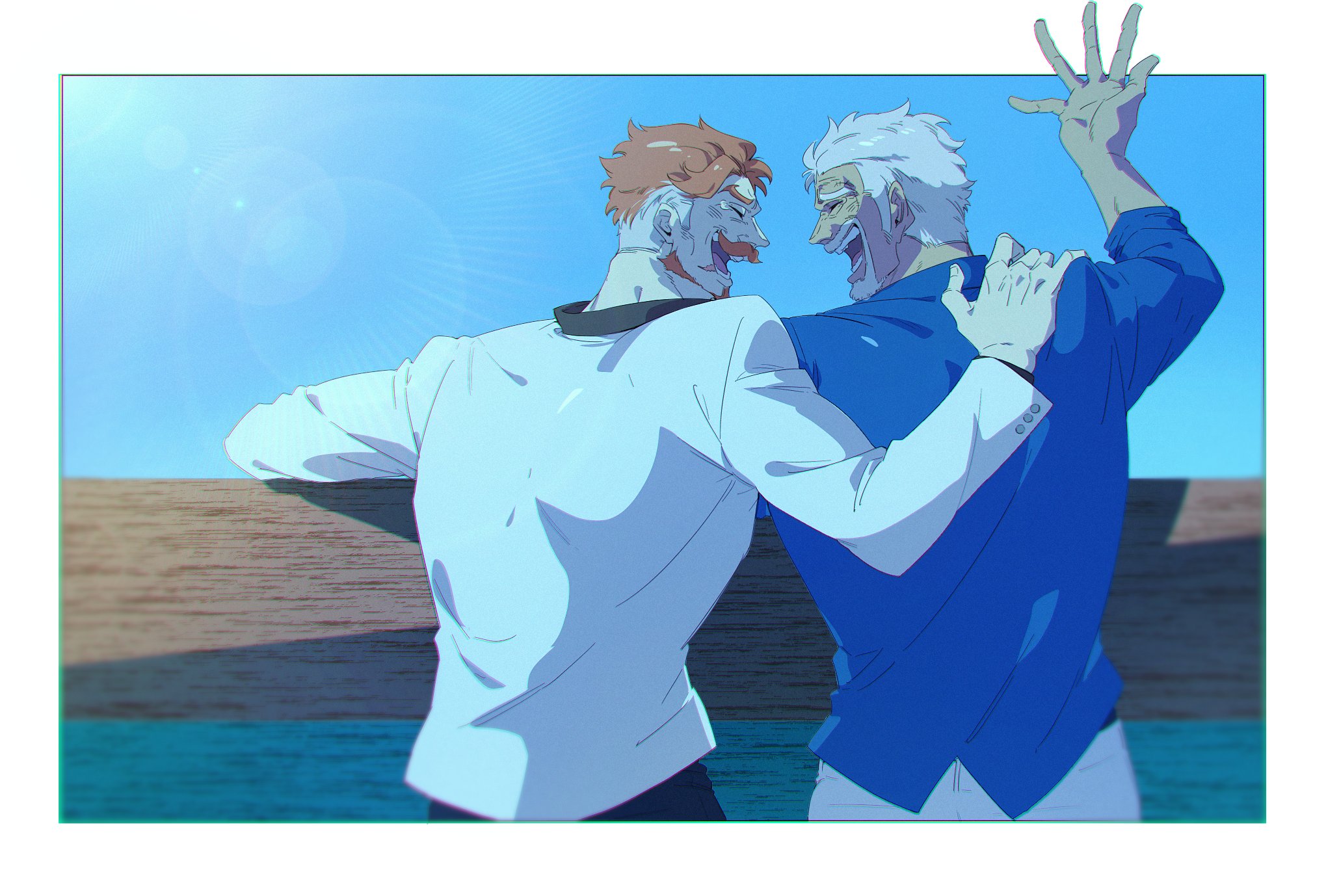 ovasayuri, monkey d. garp, one piece, original, highres, second-party source, 2boys, alaric (peedeeseel), dark-skinned male, dark skin, facial hair, from behind, goatee, grey hair, hand on another's shoulder, happy, happy tears, male focus, mature male, multicolored hair, multiple boys, mustache, mutton chops, oc x canon, old, old man, open hand, orange hair, short hair, streaked hair, tearing up, tears, thick eyebrows, white hair, yaoi