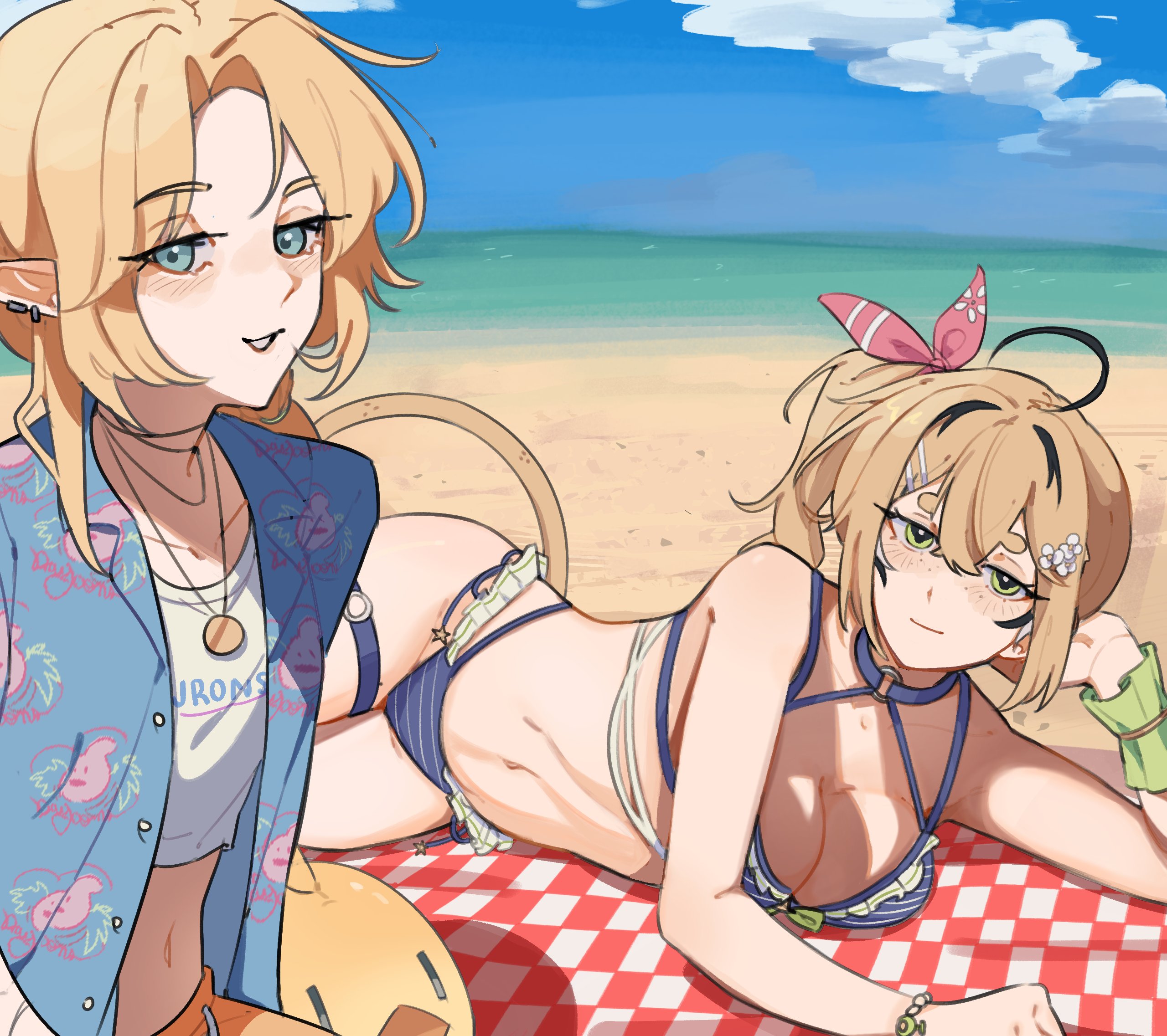 addendium, dokibird, dokibird (summer), dooby, dooby (summer), dragoon (dokibird), indie virtual youtuber, highres, 2girls, aqua eyes, beach, bikini, blonde hair, blue bikini, blue shirt, breasts, cleavage, cloud, cowboy shot, day, earrings, green eyes, hawaiian shirt, horizon, jewelry, looking at viewer, lying, medium breasts, medium hair, multiple girls, navel, necklace, ocean, on side, open clothes, open shirt, orange shorts, outdoors, pointy ears, ponytail, sand, shirt, shorts, side ponytail, sky, smile, string bikini, swimsuit, tail, virtual youtuber, white shirt