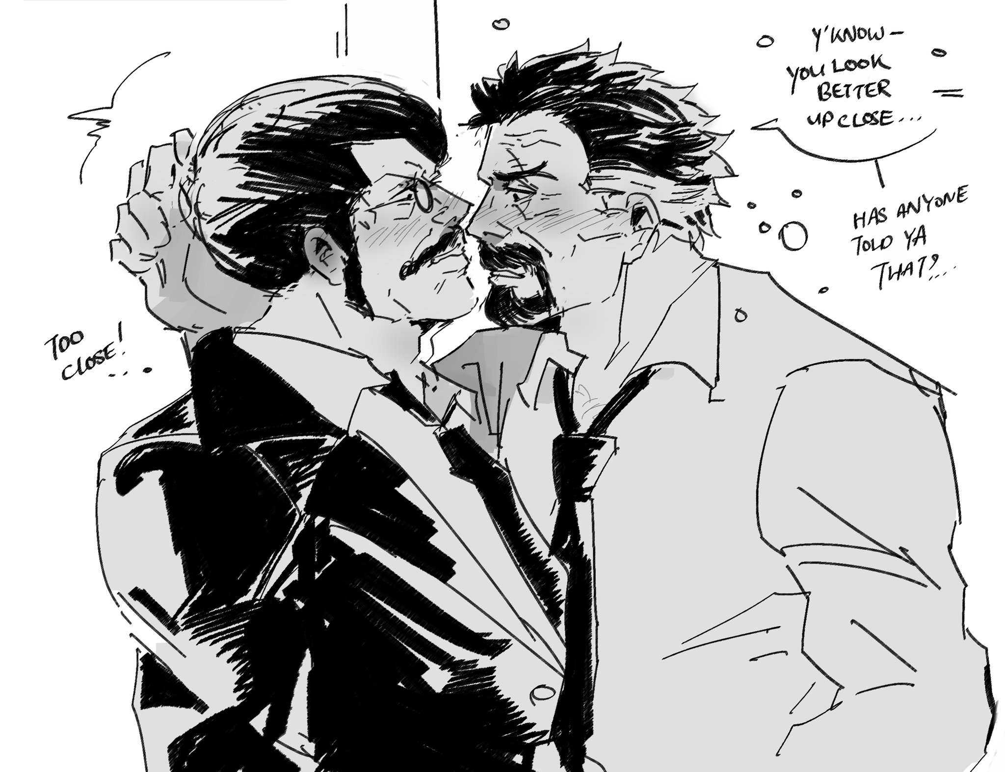 peedeeseel, monkey d. garp, sengoku (one piece), one piece, original, highres, second-party source, 2boys, bara, blush, facial hair, from side, goatee, male focus, mature male, multiple boys, mustache, old, old man, profile, short hair, shy, thick eyebrows, yaoi