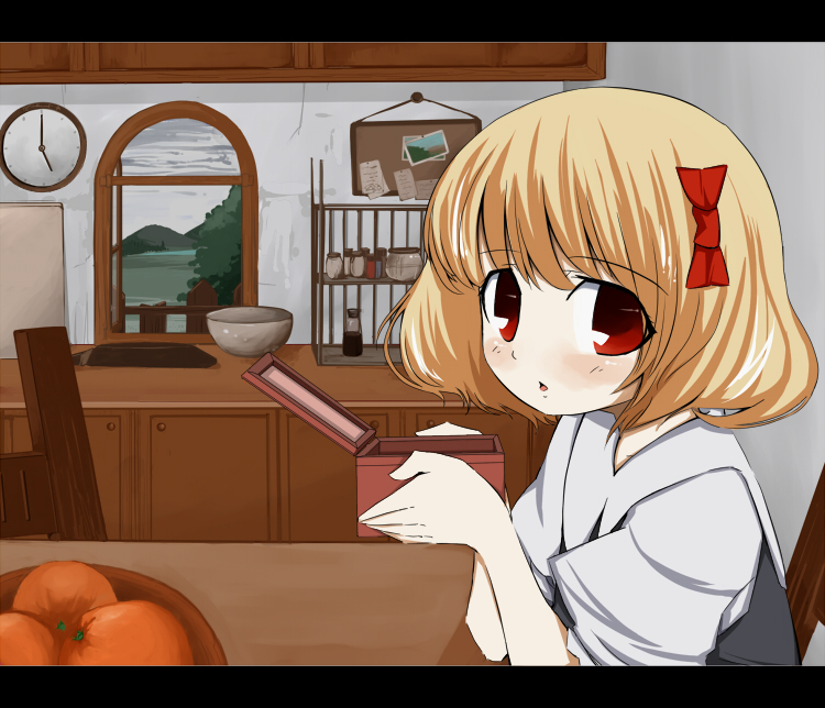 hyara, rumia, embodiment of scarlet devil, touhou, bad id, bad pixiv id, 1girl, blonde hair, bow, clock, cloud, female focus, food, fruit, hair bow, indoors, orange (fruit), plant, red eyes, short hair, sitting, sky, solo, water
