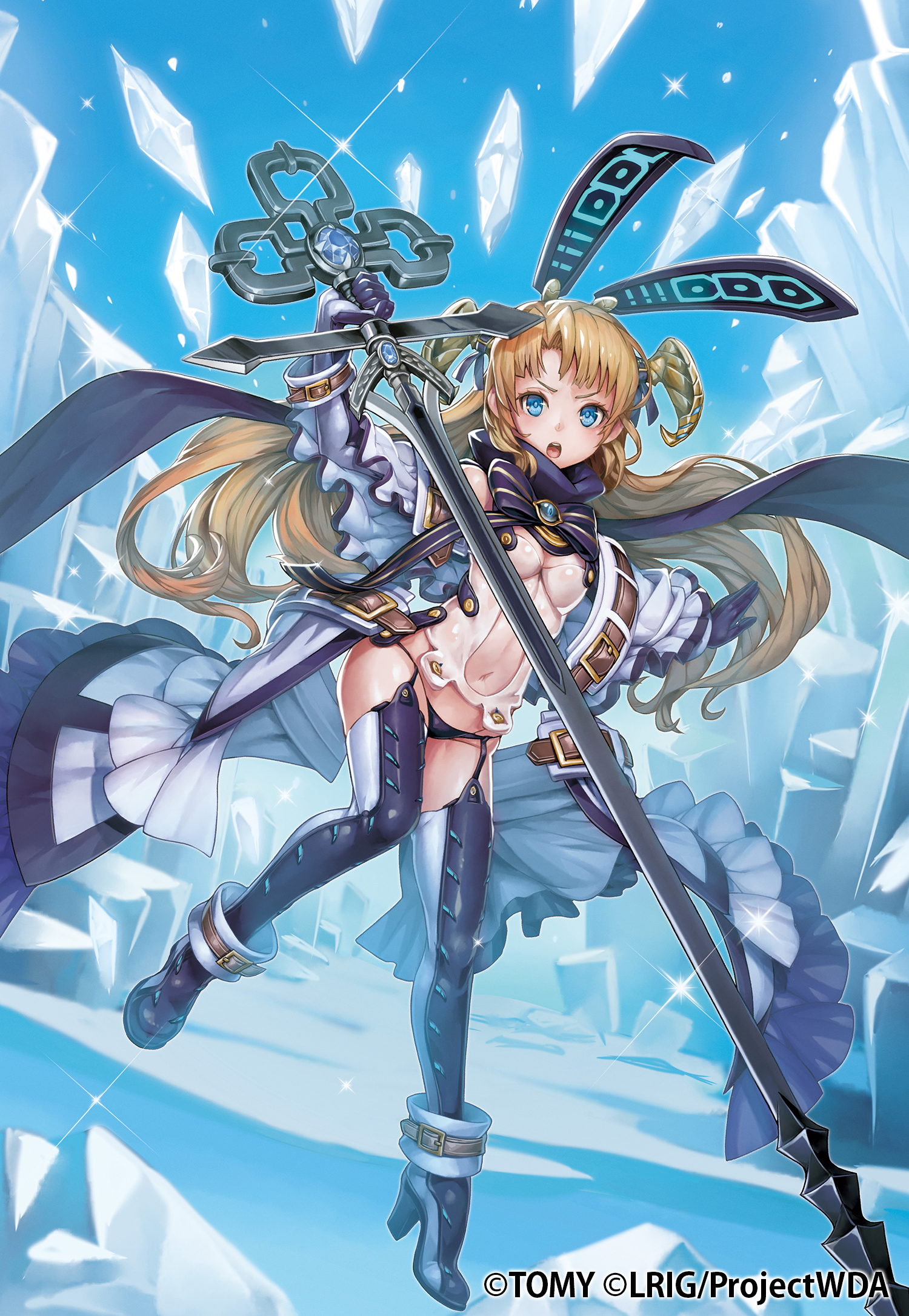 kousaku, umr (wixoss), wixoss, highres, official art, 1girl, animal ears, blonde hair, blue eyes, blue sky, boots, breasts, brown horns, cleavage, clothing cutout, copyright notice, elbow gloves, fake animal ears, glacier, gloves, high heel boots, high heels, holding, holding weapon, horns, long hair, navel, navel cutout, open mouth, sky, small breasts, solo, sparkle, teeth, thigh boots, upper teeth only, weapon