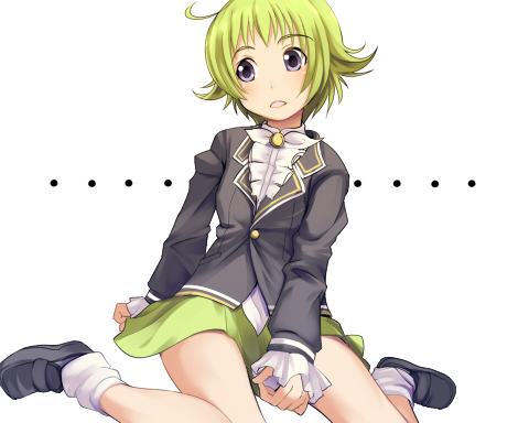 painpa, capella, sumaga, sumaga special, lowres, 1girl, ahoge, female focus, green hair, loose socks, school uniform, short hair, socks, solo