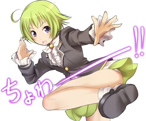 painpa, capella, sumaga, sumaga special, lowres, 1girl, ahoge, female focus, green hair, kicking, loose socks, school uniform, short hair, socks, solo