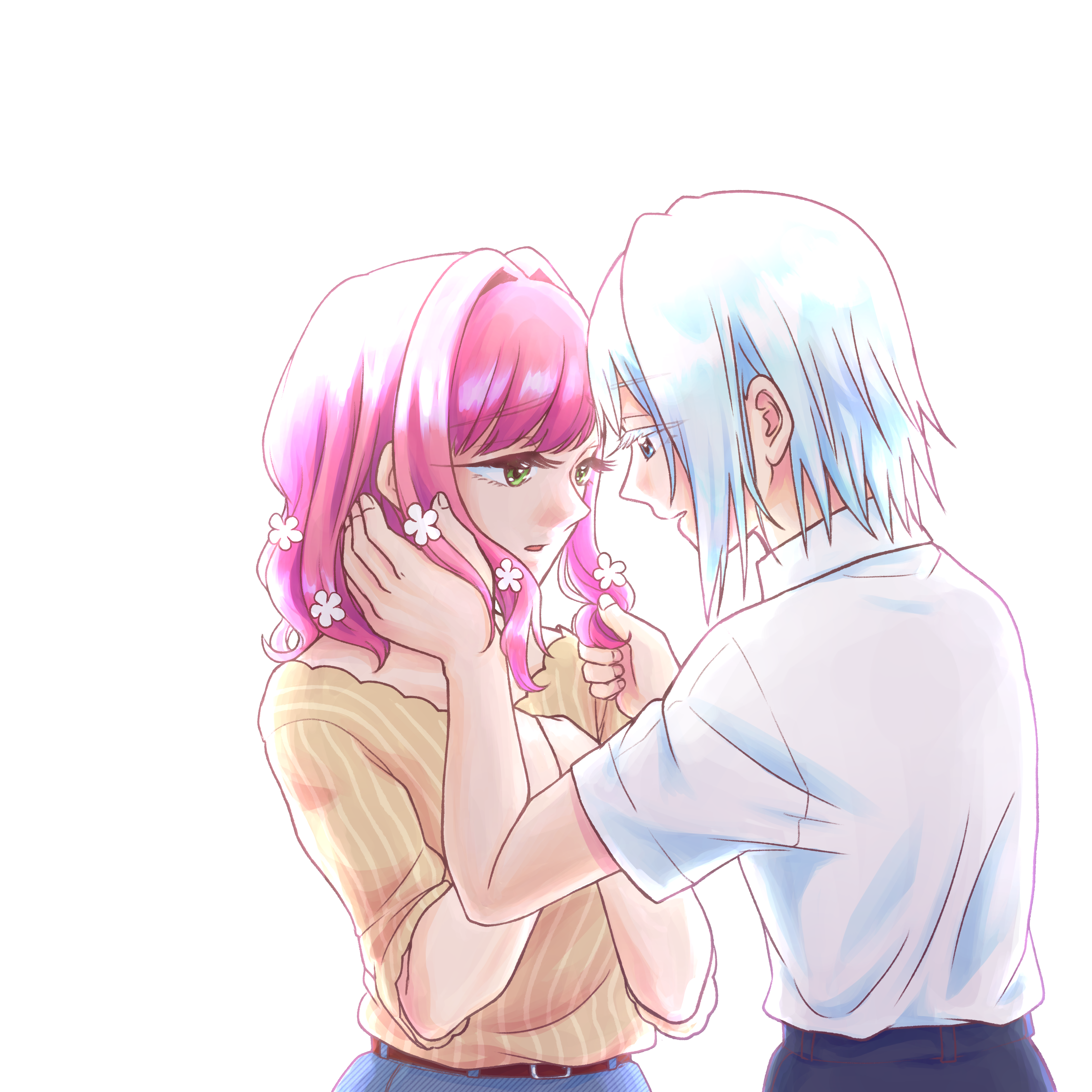 jane na doe, hanazono hahari, kimi no koto ga dai dai dai dai daisuki na 100-nin no kanojo, absurdres, commentary request, highres, 1boy, 1girl, aged down, belt, blue eyes, blue pants, couple, flower, green eyes, hair flower, hair intakes, hair ornament, hanazono hakari's father, hand on another's cheek, hand on another's face, hands up, holding another's hair, looking at another, medium hair, pants, parted lips, pink hair, shirt, short sleeves, simple background, striped clothes, striped shirt, upper body, vertical-striped clothes, vertical-striped shirt, white background, white flower, white hair, white shirt, yellow shirt