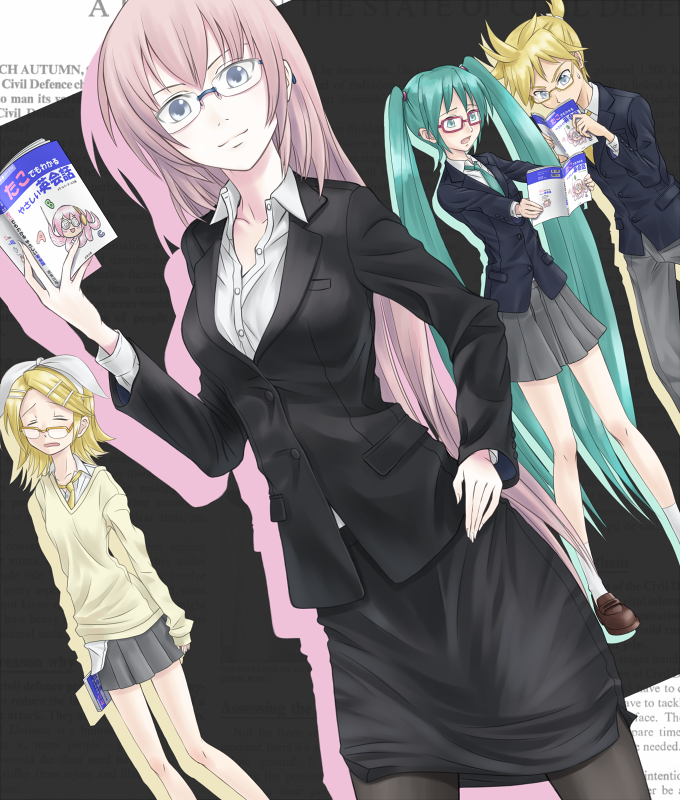 sukua, tk28, hatsune miku, kagamine len, kagamine rin, megurine luka, takoluka, vocaloid, 1boy, 3girls, bespectacled, book, cameo, formal clothes, glasses, multiple girls, pantyhose, pencil skirt, pink hair, school uniform, skirt, skirt suit, suit, teacher, teacher and student, twintails