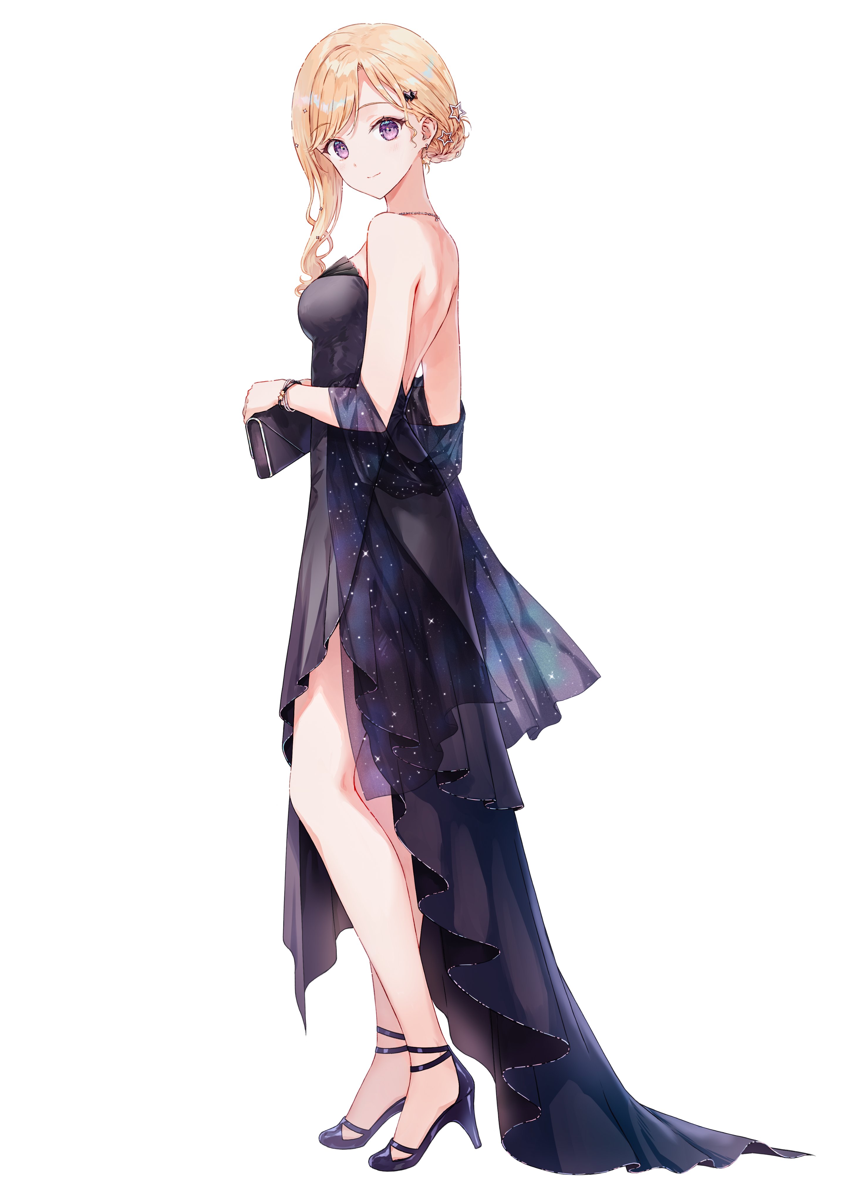 hiten (hitenkei), ayase saki, gimai seikatsu, absurdres, highres, official art, 1girl, backless dress, backless leotard, backless outfit, bare back, bare shoulders, black dress, blonde hair, breasts, collarbone, dress, earrings, from side, full body, hair ornament, hairclip, jewelry, leotard, long hair, looking at viewer, looking to the side, purple eyes, shoes, shoulder blades, simple background, skirt, smile, solo, standing, step-siblings, white background