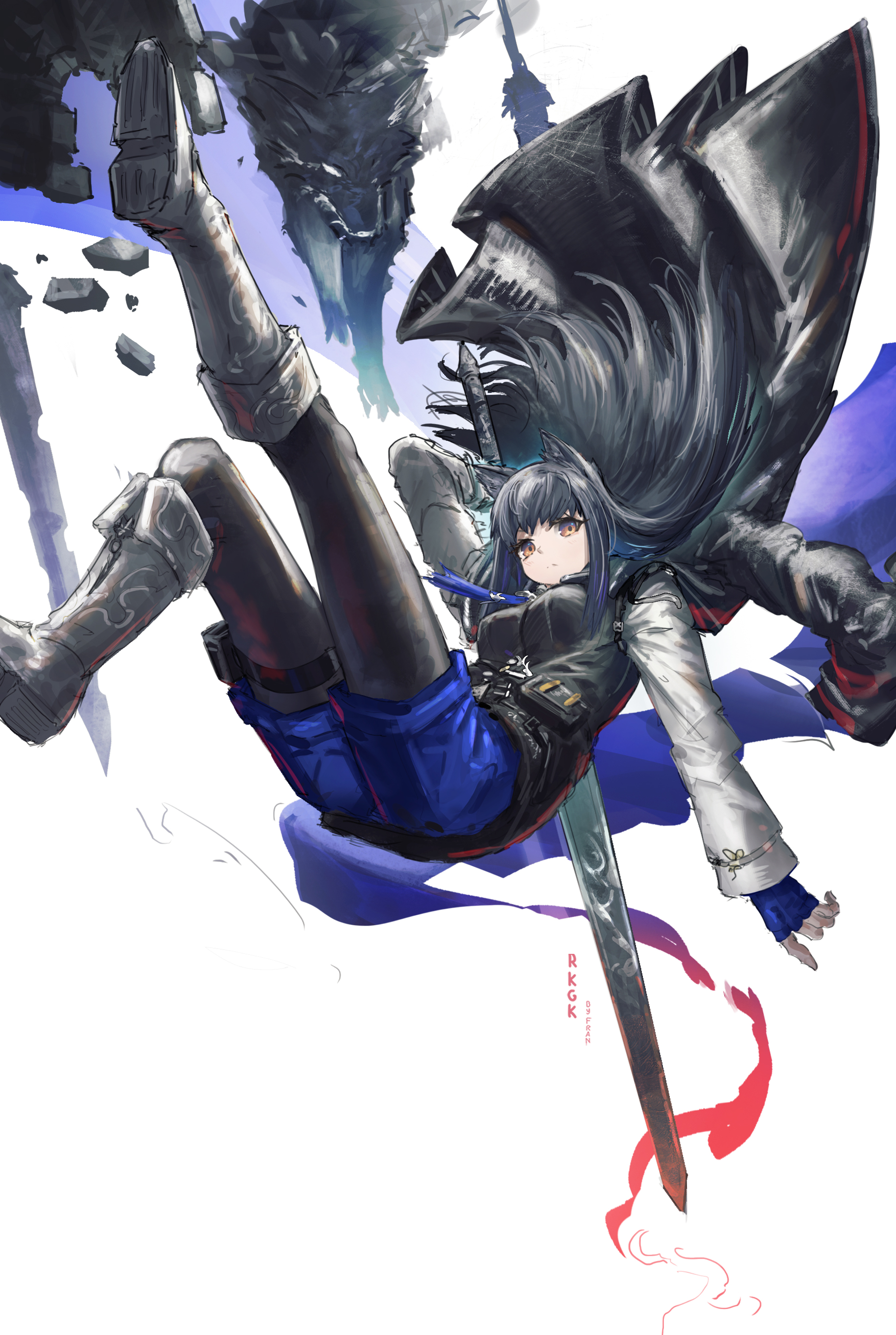 franlol, texas (arknights), arknights, absurdres, commentary, highres, 1girl, animal ears, artist name, black cape, black hair, black jacket, black pantyhose, blue gloves, blue shorts, boots, breasts, cape, closed mouth, fingerless gloves, floating hair, full body, gloves, hair floating upwards, jacket, knee boots, legs up, long hair, long sleeves, medium breasts, pantyhose, pantyhose under shorts, red eyes, shorts, simple background, solo, sword, weapon, white background, white boots, wolf ears, wolf girl